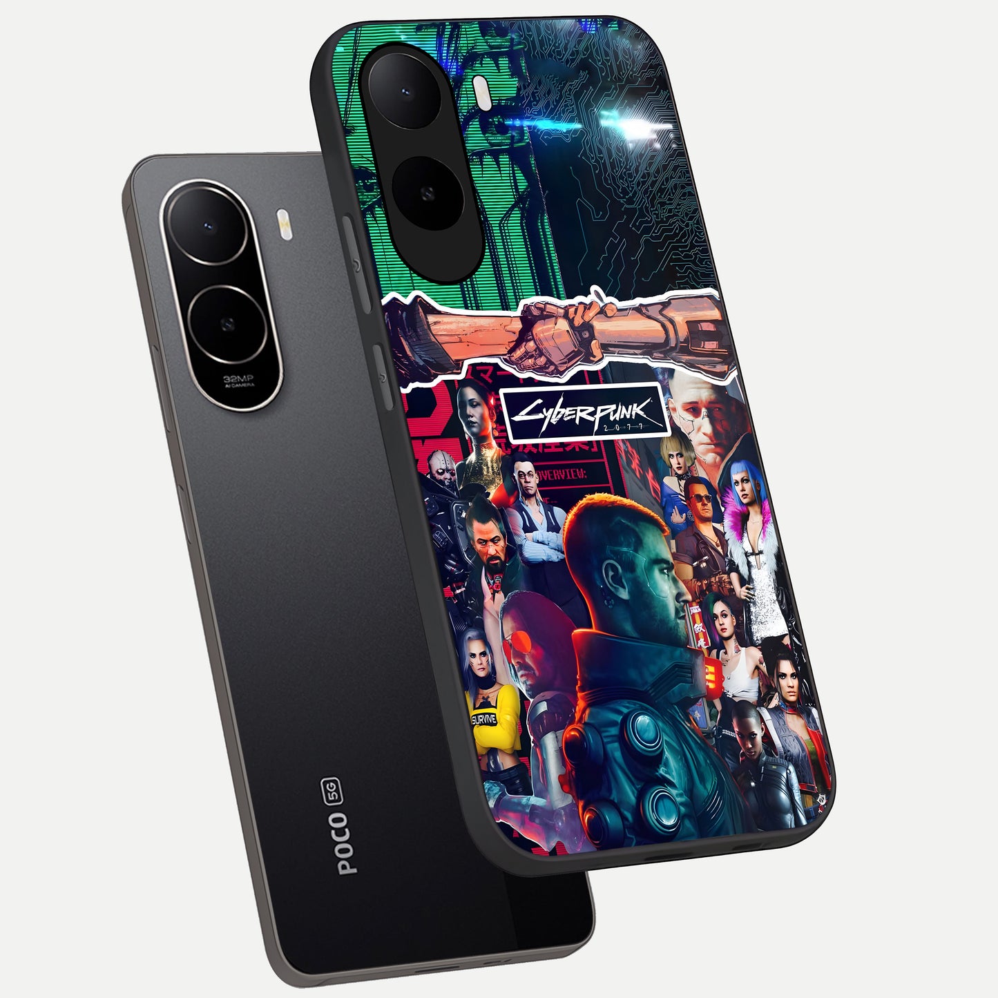  CYBERPUNK Legacy phone case For Poco C85x showing premium glass back cover with detailed artwork