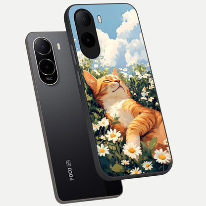  Cat And Flowers View phone case For Poco C85x showing premium glass back cover with detailed artwork