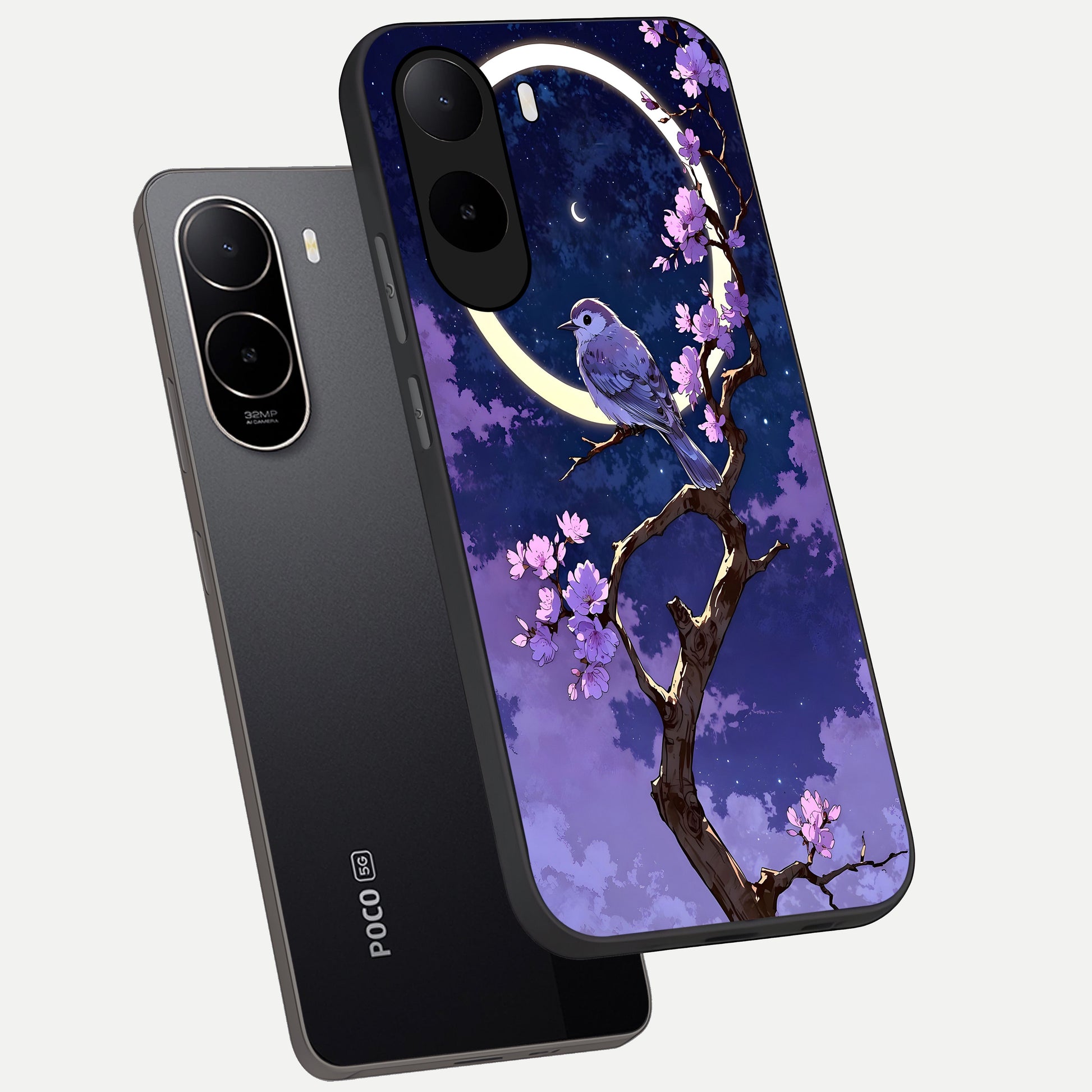  Celestial Bird Blossom phone case For Poco C85x showing premium glass back cover with detailed artwork
