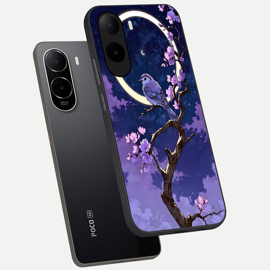  Celestial Bird Blossom phone case For Poco C85x showing premium glass back cover with detailed artwork