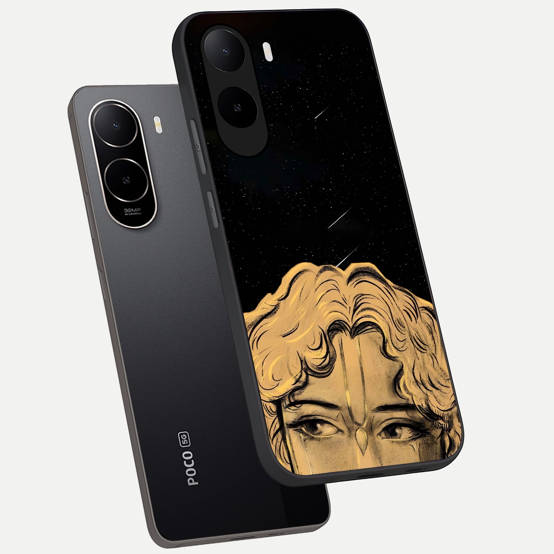 Celestial Gods Plan phone case For Poco C85x showing premium glass back cover with detailed artwork