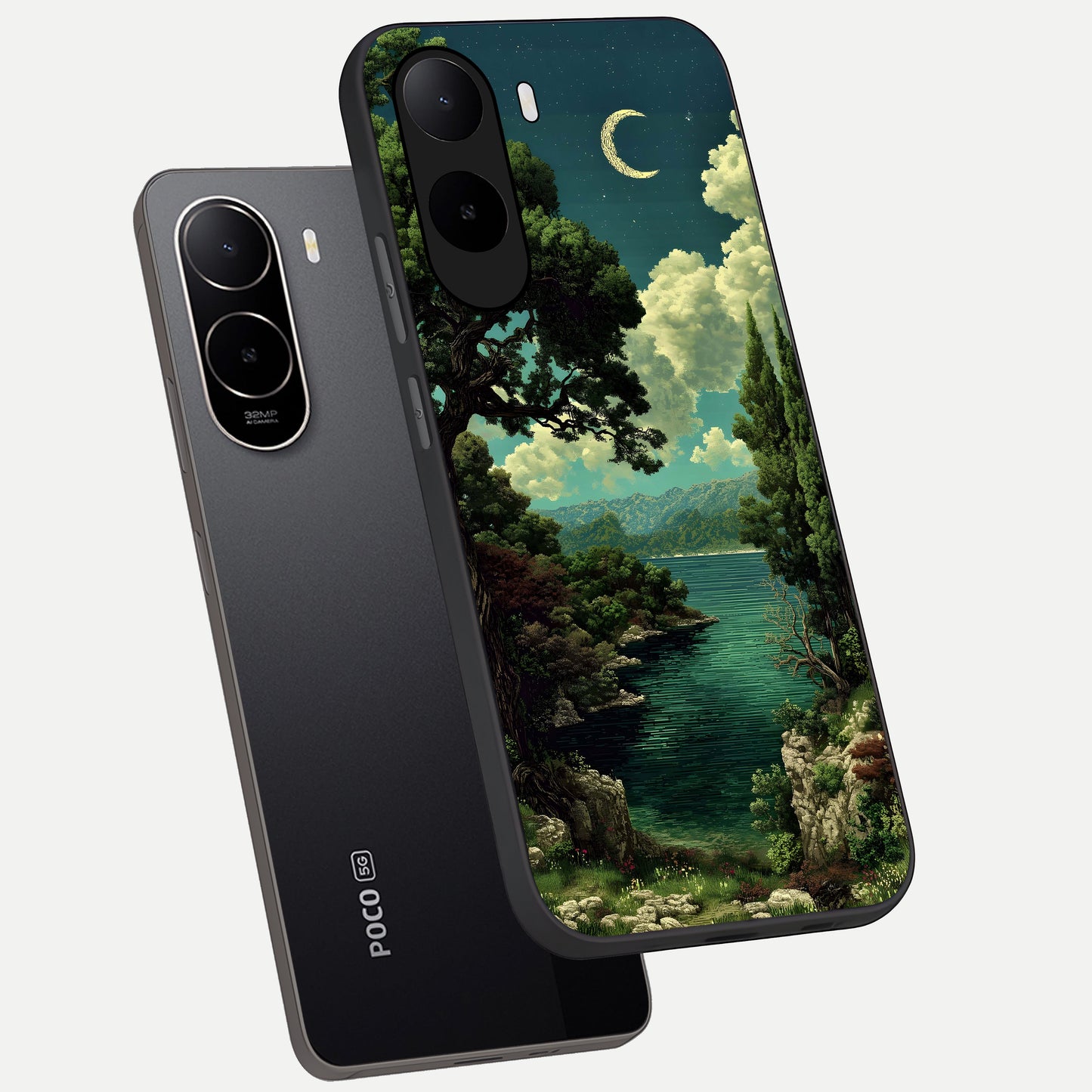  Celestial Lake Peace phone case For Poco C85x showing premium glass back cover with detailed artwork