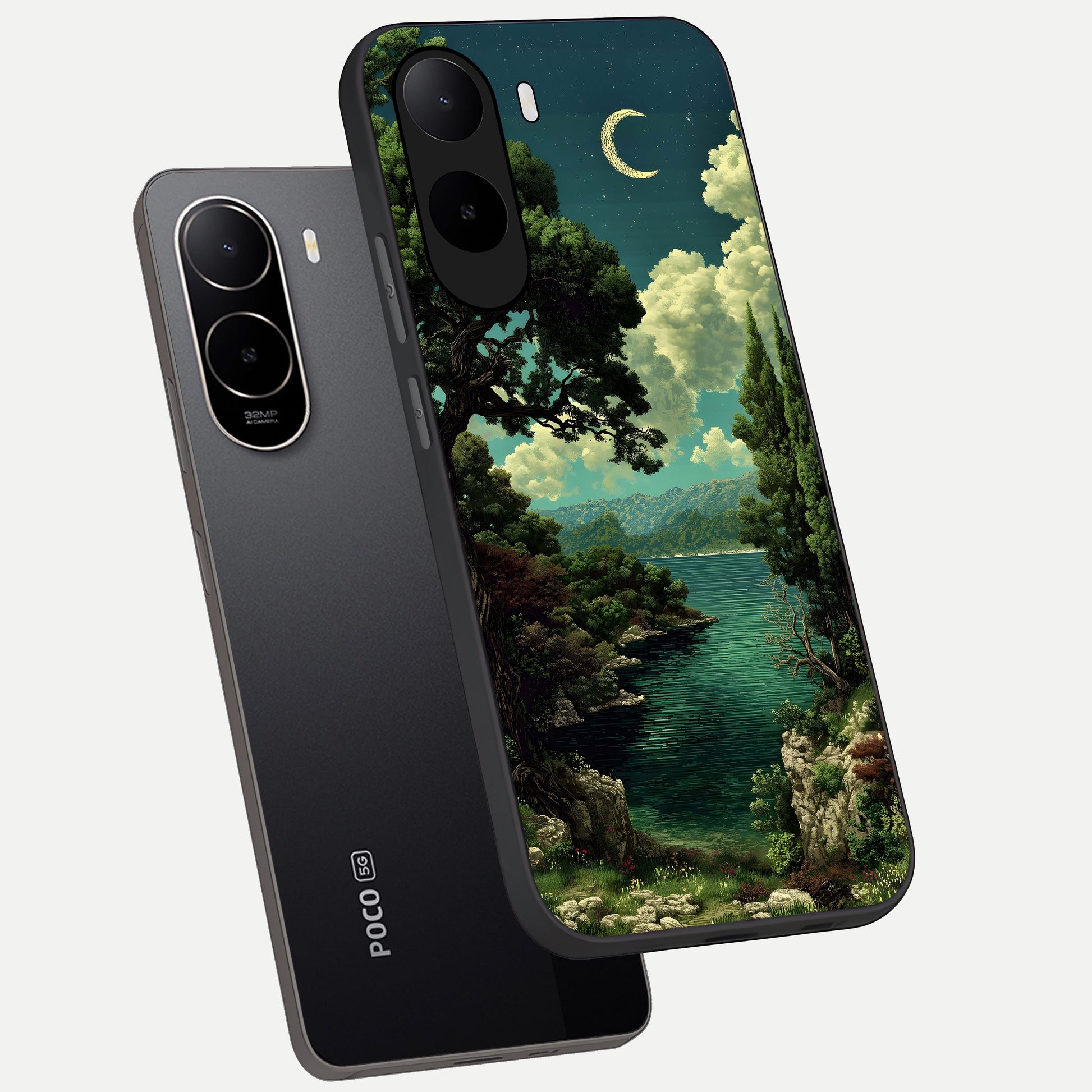  Celestial Lake Peace phone case For Poco C85x showing premium glass back cover with detailed artwork