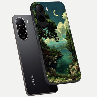  Celestial Lake Peace phone case For Poco C85x showing premium glass back cover with detailed artwork