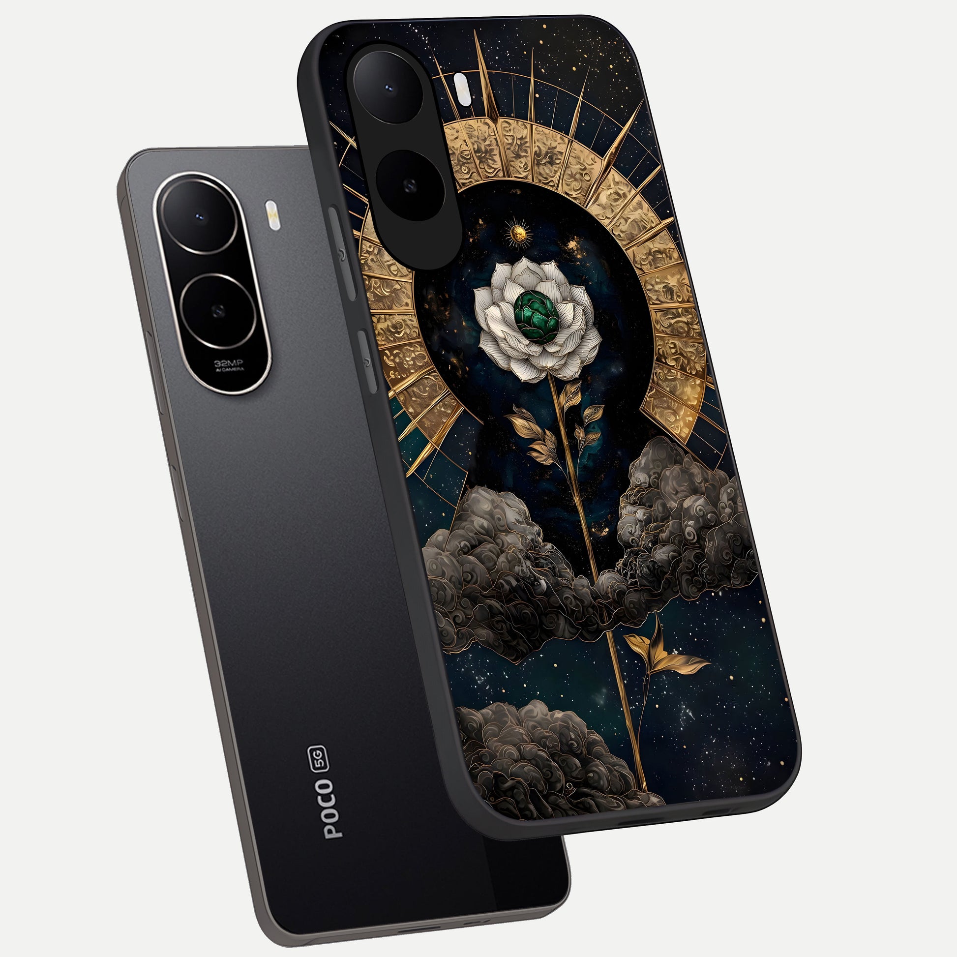  Celestial Lotus Morang phone case For Poco C85x showing premium glass back cover with detailed artwork