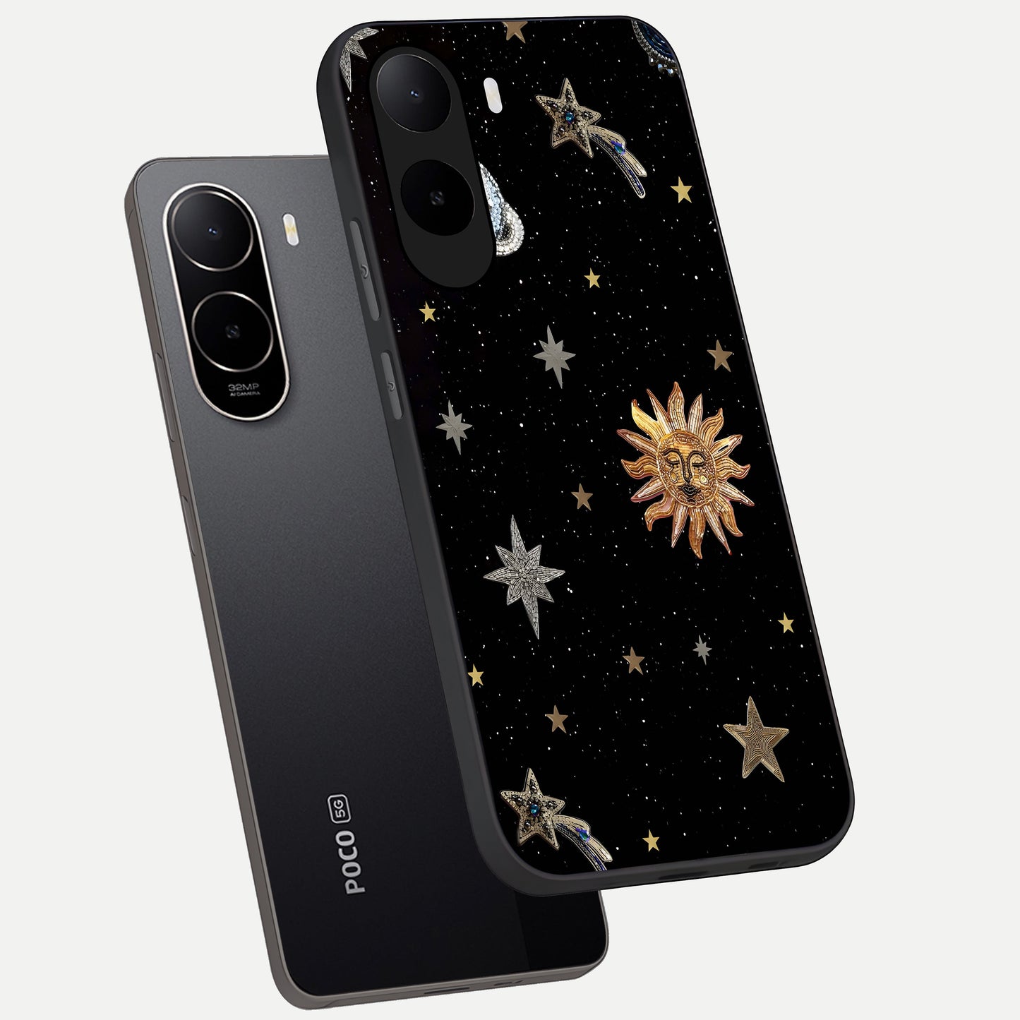  Celestial Moon With Stars phone case For Poco C85x showing premium glass back cover with detailed artwork
