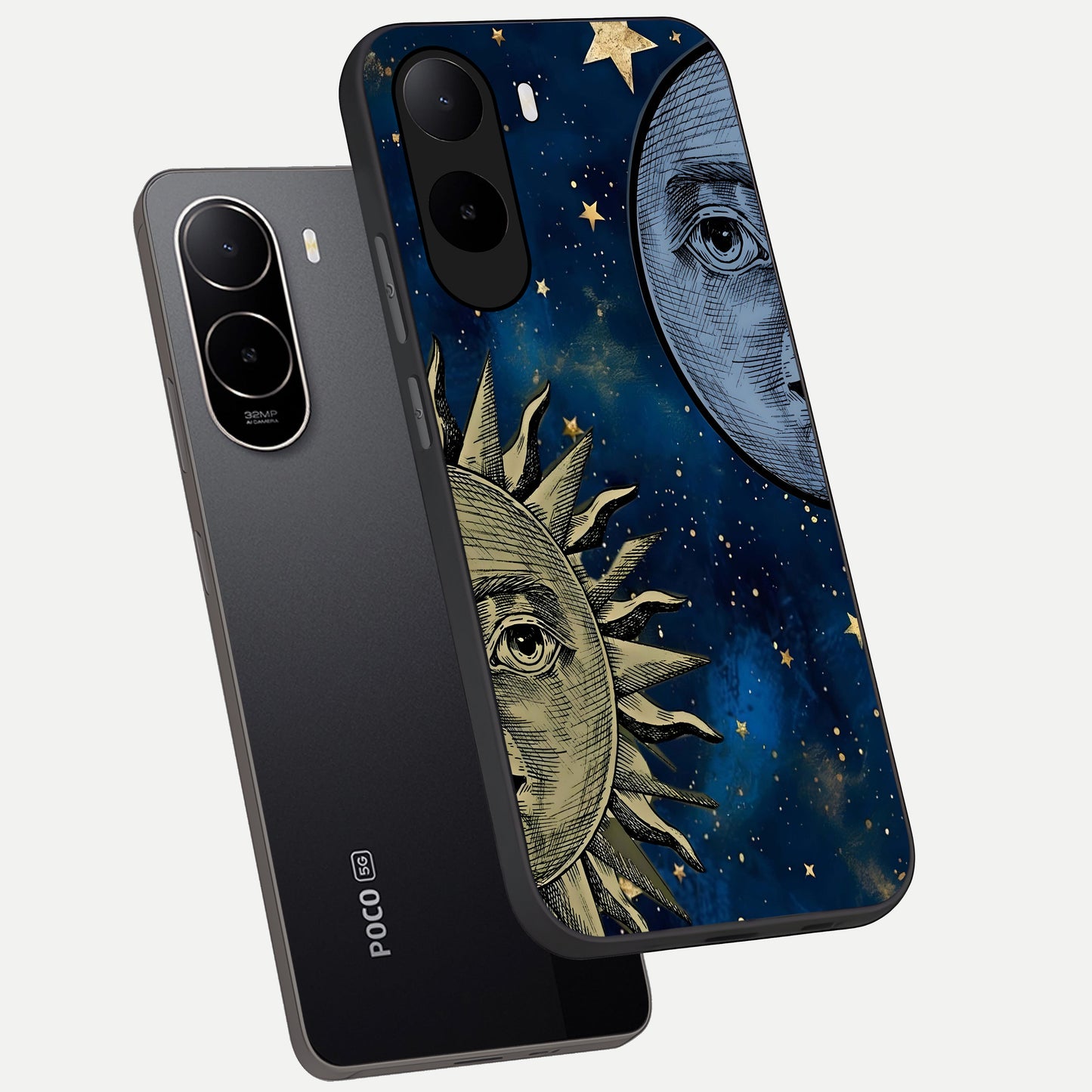  Celestial Moon With Sun phone case For Poco C85x showing premium glass back cover with detailed artwork