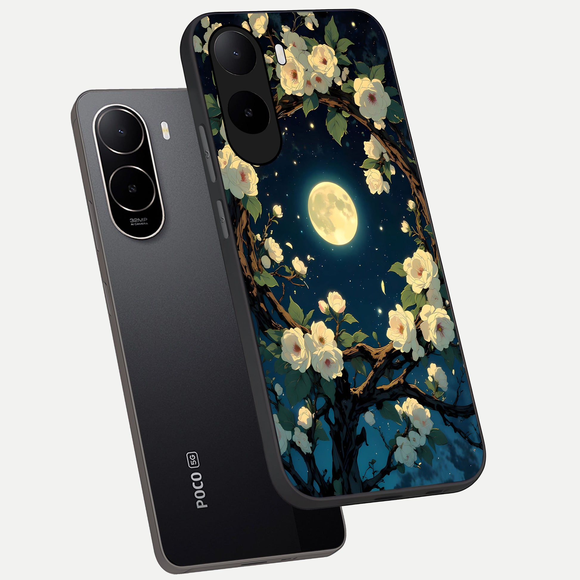  Celestial Moon And Flower phone case For Poco C85x showing premium glass back cover with detailed artwork
