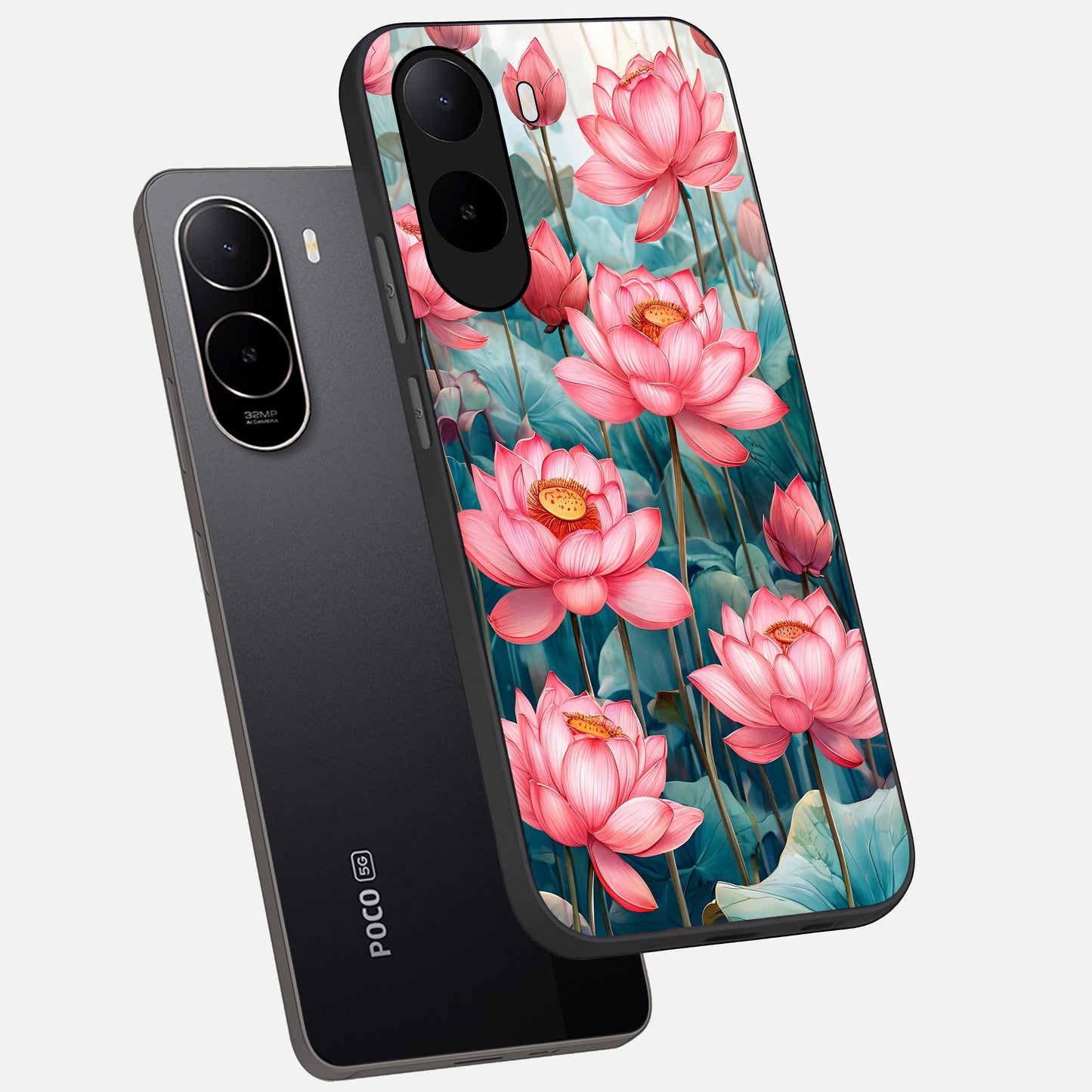  Celestial Pink Lotus phone case For Poco C85x showing premium glass back cover with detailed artwork
