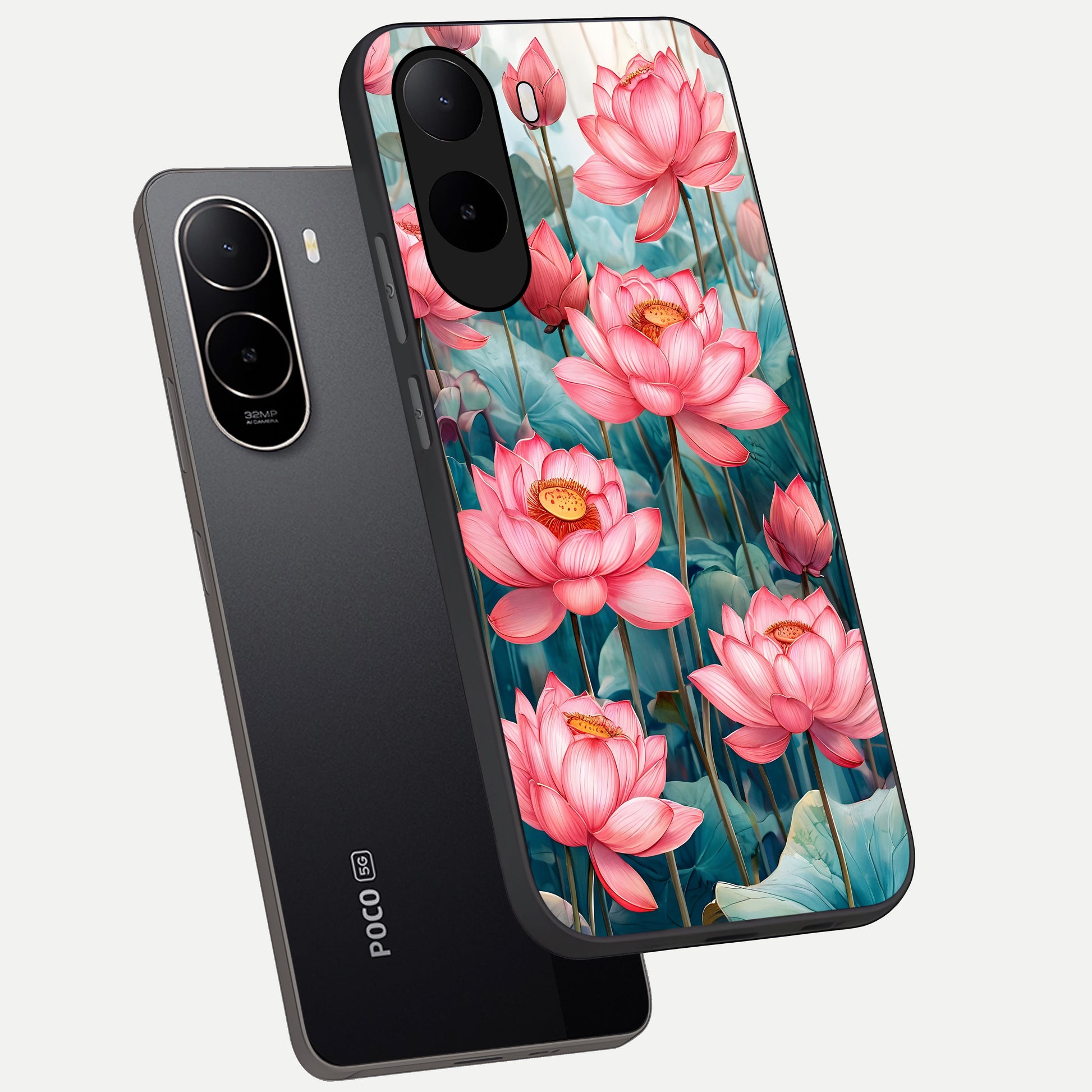  Celestial Pink Lotus phone case For Poco C85x showing premium glass back cover with detailed artwork