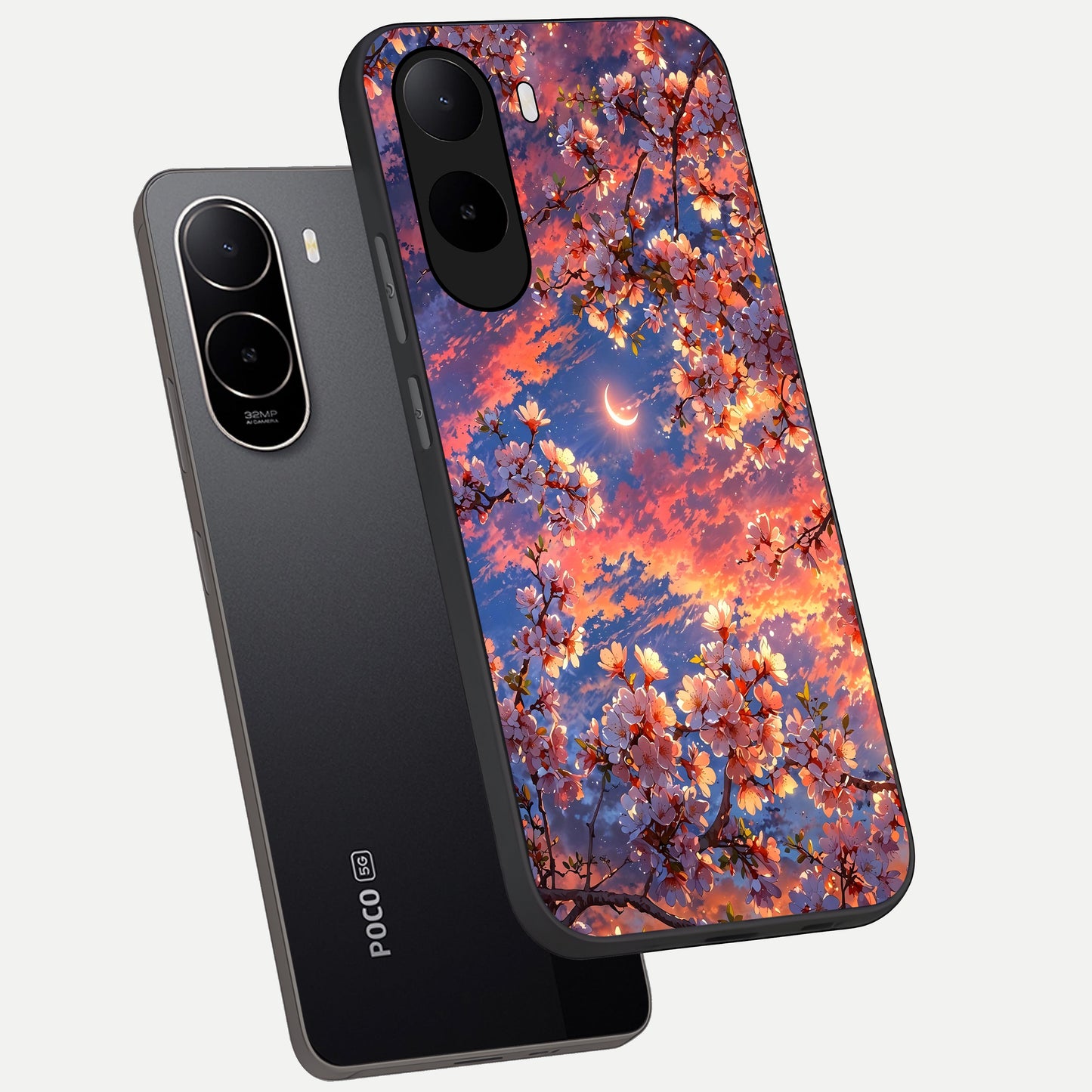  Celestial Sakura Sunset phone case For Poco C85x showing premium glass back cover with detailed artwork