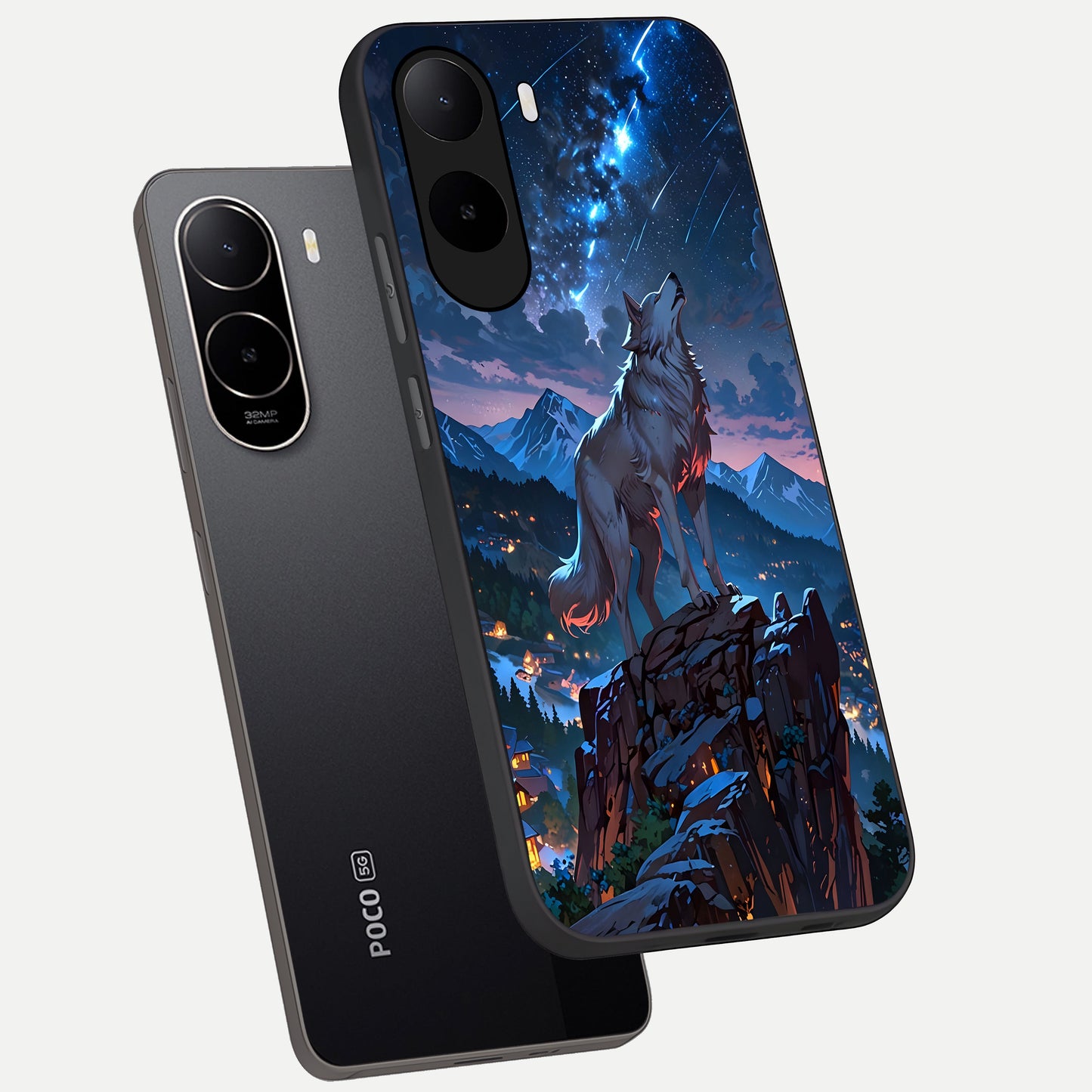  Celestial Wolf Howl phone case For Poco C85x showing premium glass back cover with detailed artwork