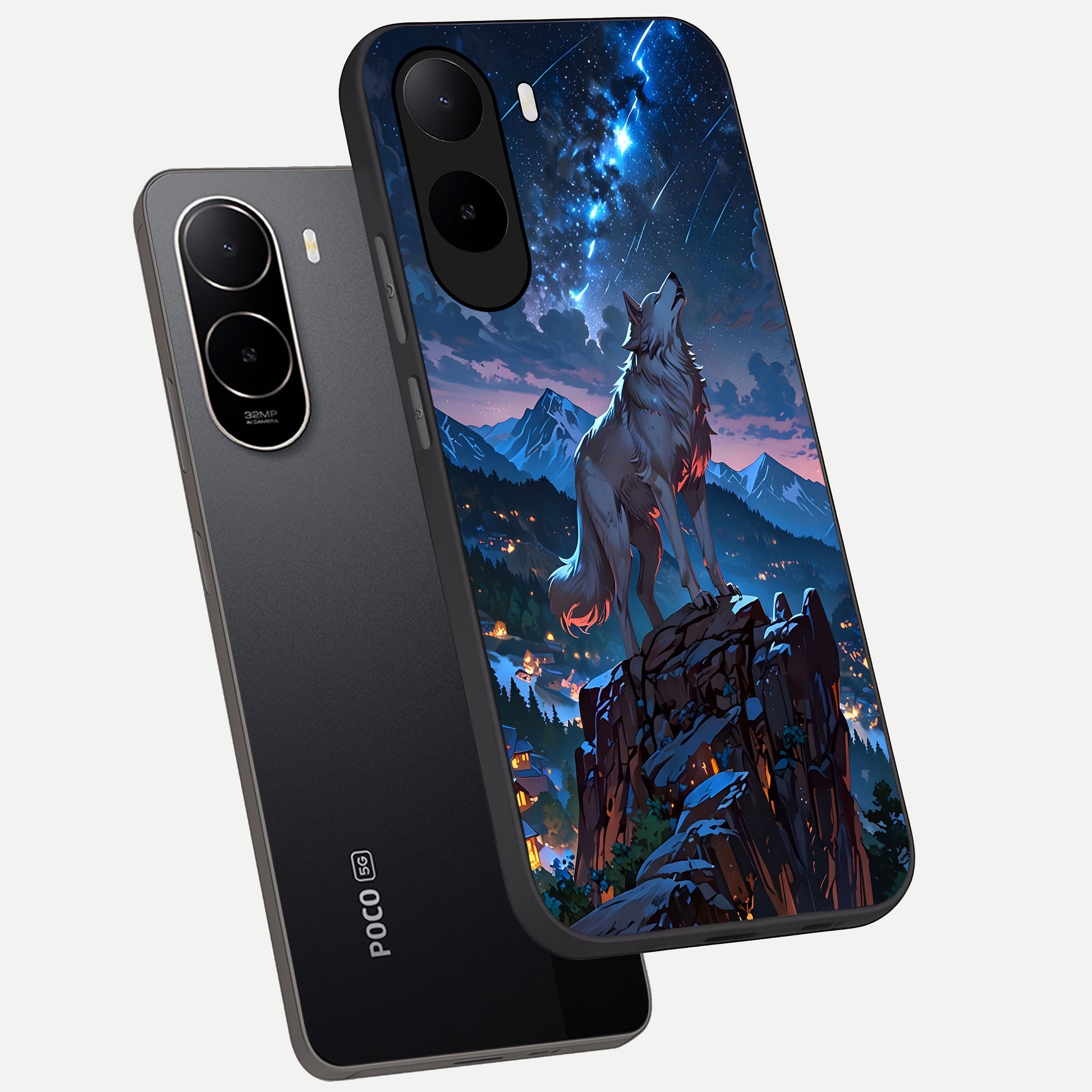  Celestial Wolf Howl phone case For Poco C85x showing premium glass back cover with detailed artwork
