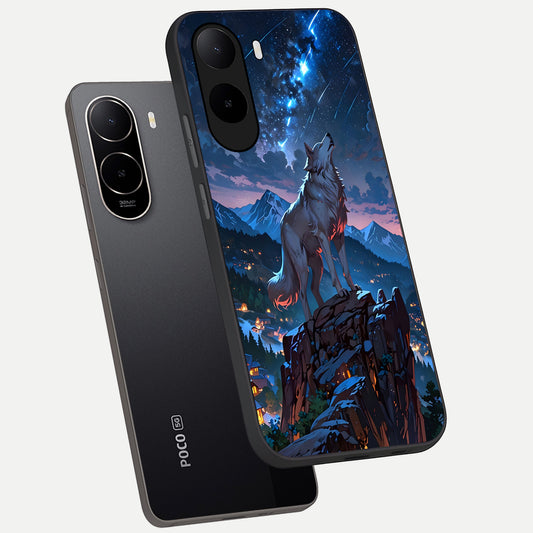  Celestial Wolf Howl phone case For Poco C85x showing premium glass back cover with detailed artwork