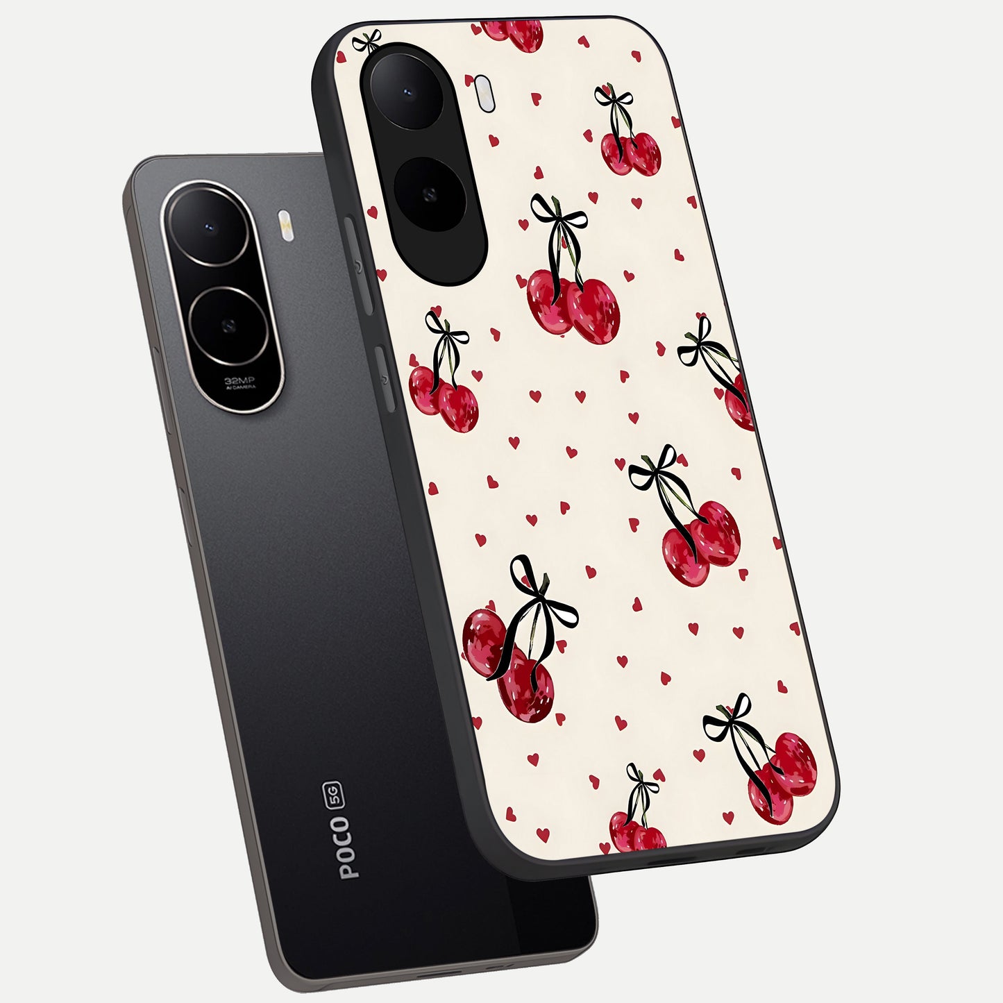 Cherry Heart Bow phone case For Poco C85x showing premium glass back cover with detailed artwork