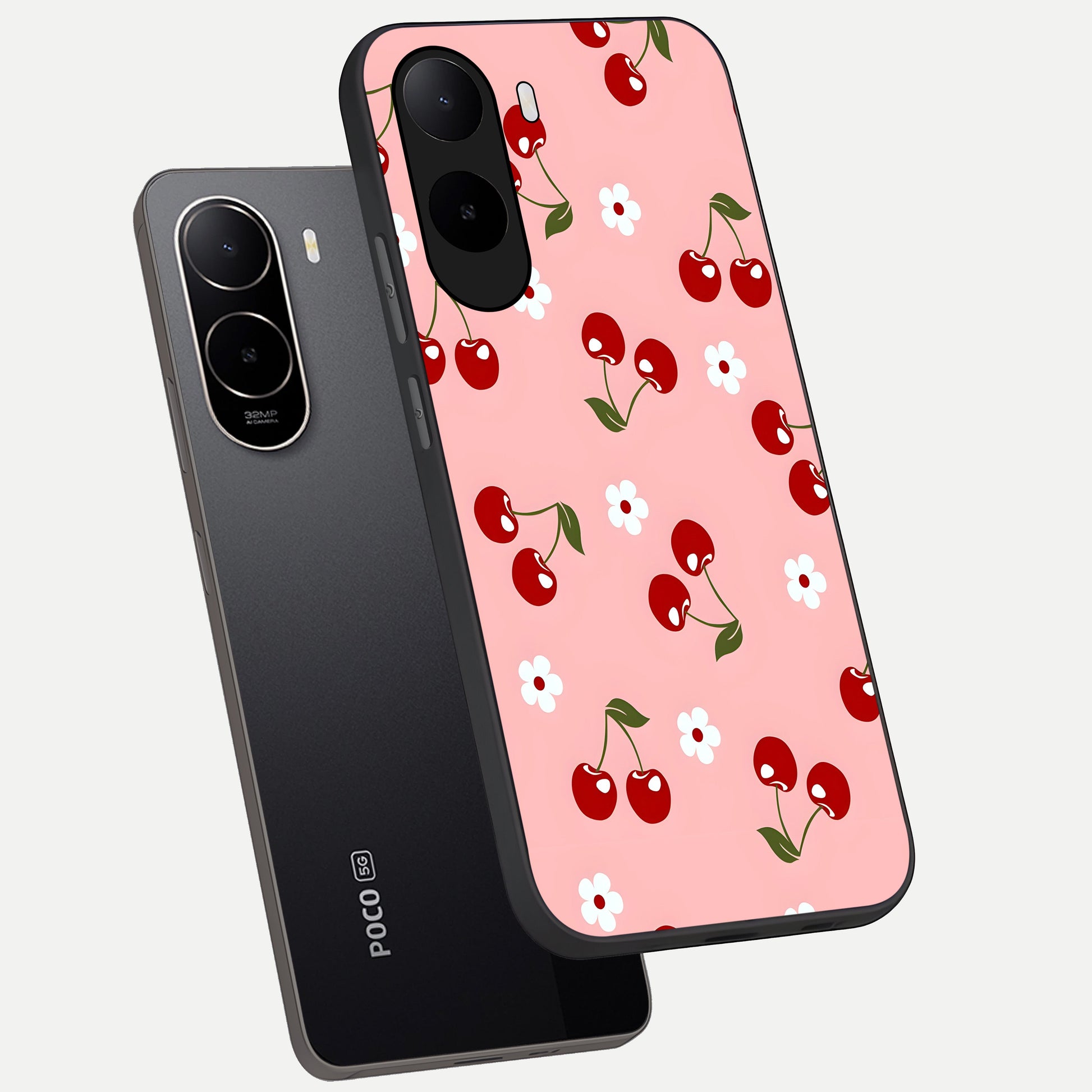  Cherry Love Mood phone case For Poco C85x showing premium glass back cover with detailed artwork