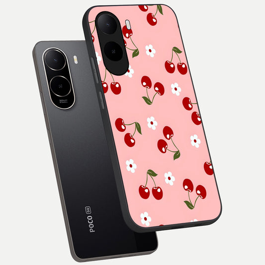  Cherry Love Mood phone case For Poco C85x showing premium glass back cover with detailed artwork