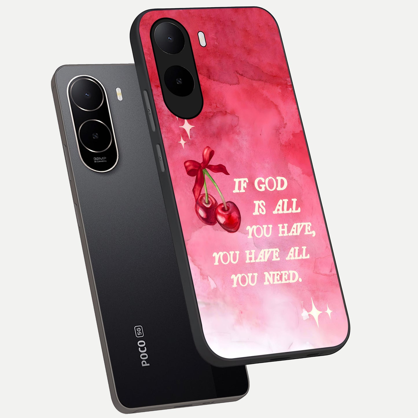  Cherry Quote phone case For Poco C85x showing premium glass back cover with detailed artwork