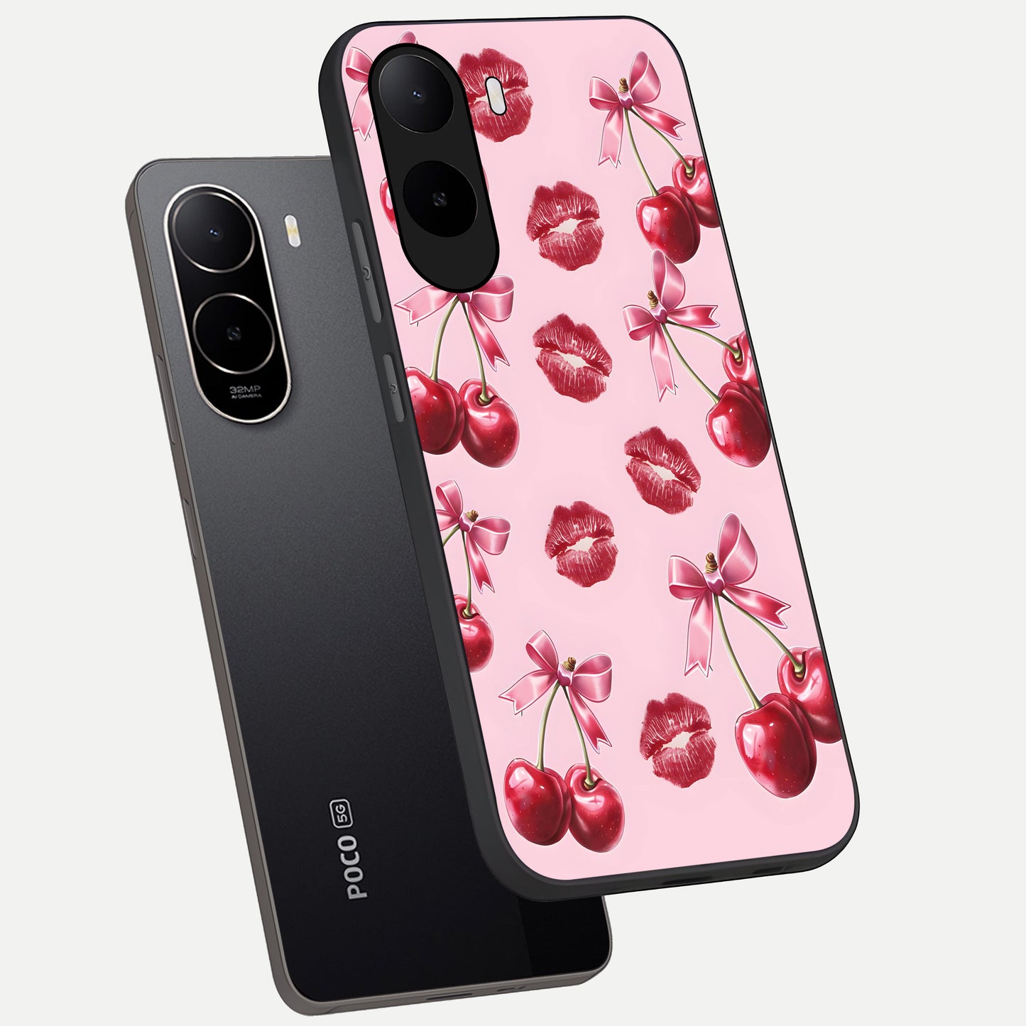  Cherry With Lips phone case For Poco C85x showing premium glass back cover with detailed artwork