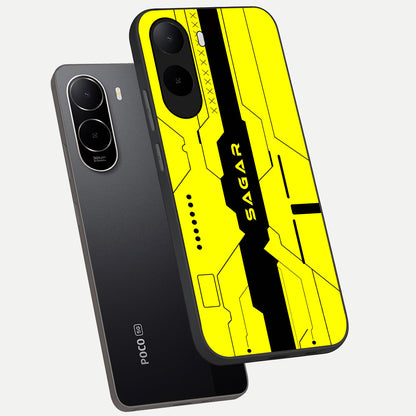  Circuit CYBERPUNK Custom Name phone case For Poco C85x showing premium glass back cover with detailed artwork