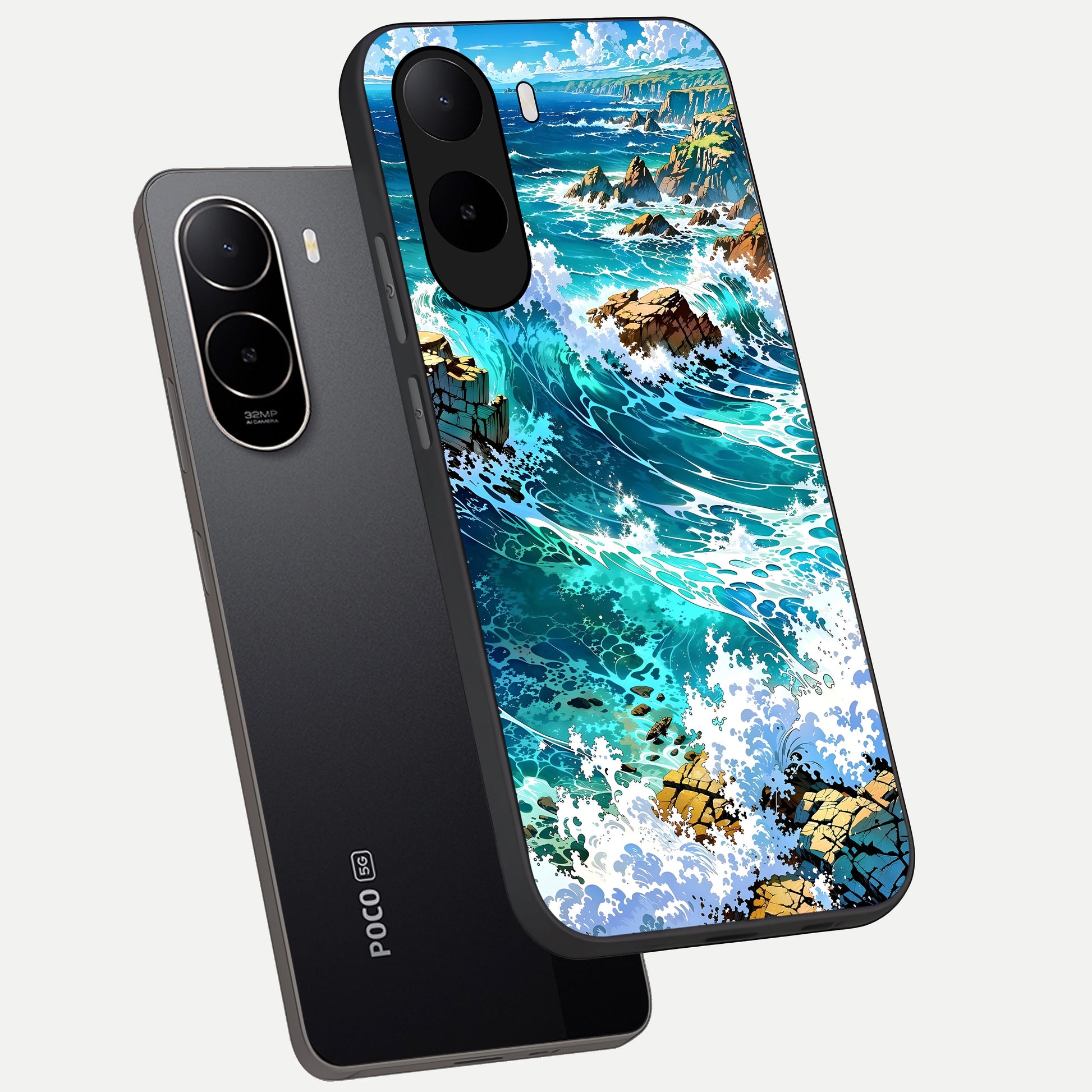  Coastal Blue Waves phone case For Poco C85x showing premium glass back cover with detailed artwork
