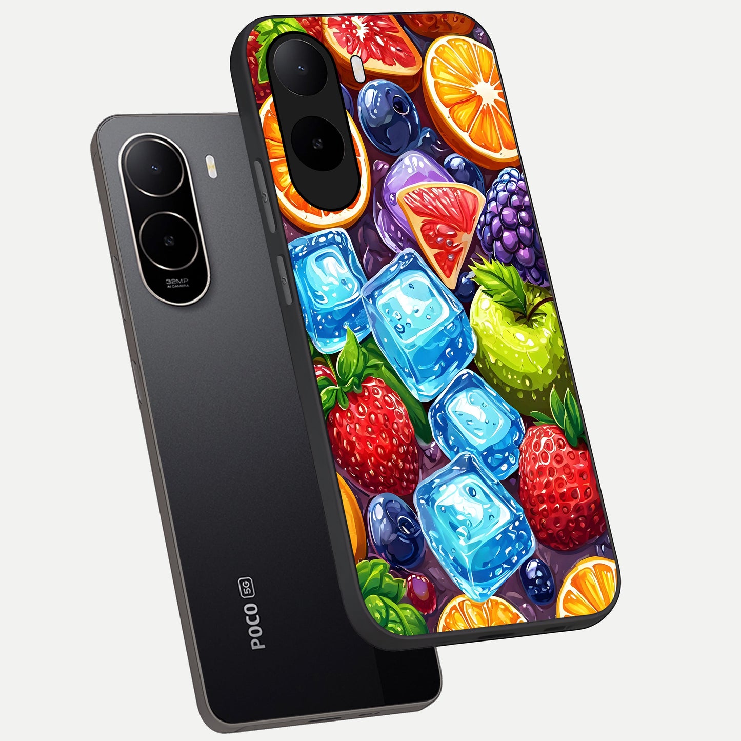  Colorful Fruits with Ice phone case For Poco C85x showing premium glass back cover with detailed artwork