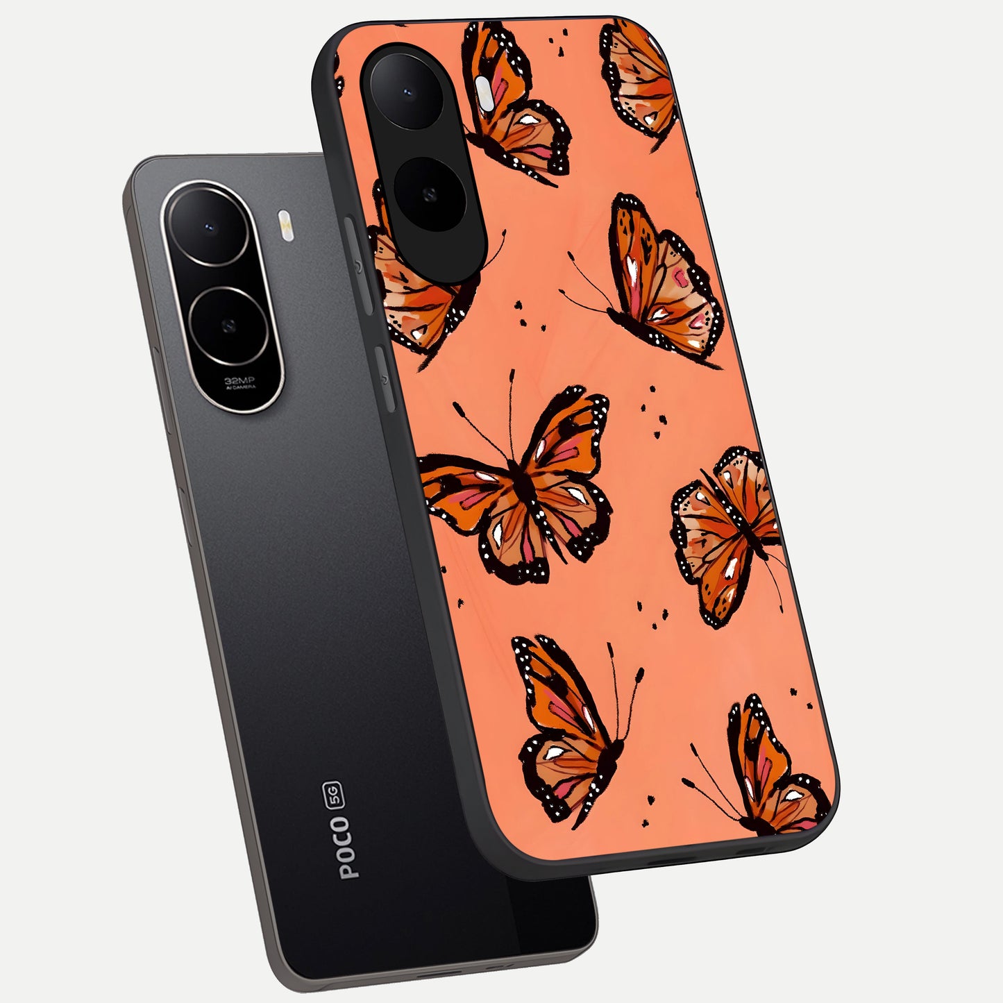  Coral Wing Butterfly phone case For Poco C85x showing premium glass back cover with detailed artwork