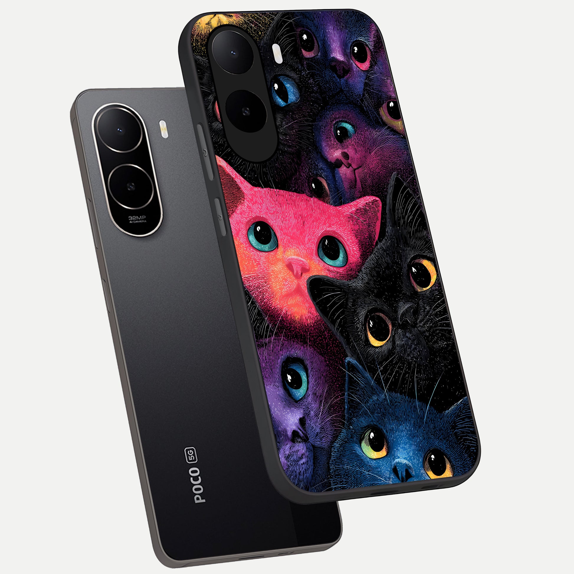  Cosmic Cats Dreams phone case For Poco C85x showing premium glass back cover with detailed artwork