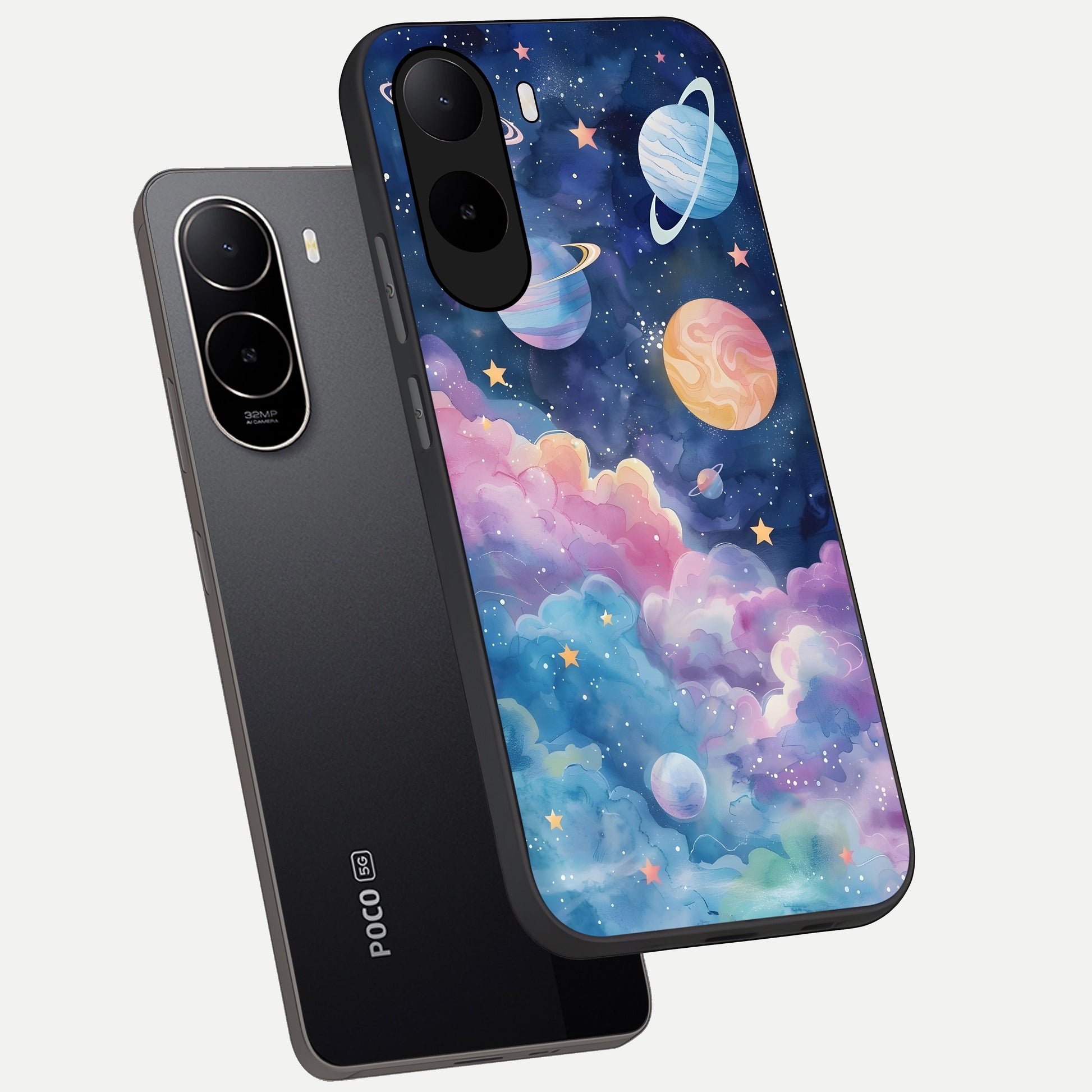  Cosmic Planet Dreams phone case For Poco C85x showing premium glass back cover with detailed artwork