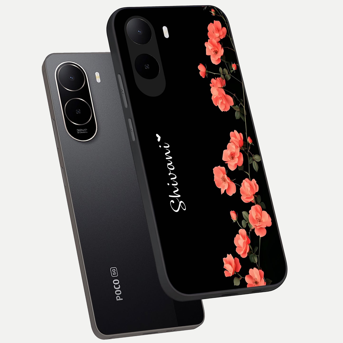  Crimson Bloom Grace Custom Name phone case For Poco C85x showing premium glass back cover with detailed artwork