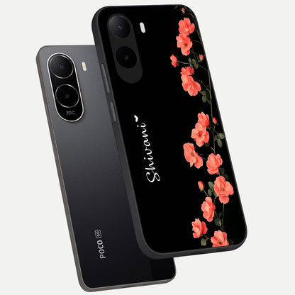  Crimson Bloom Grace Custom Name phone case For Poco C85x showing premium glass back cover with detailed artwork