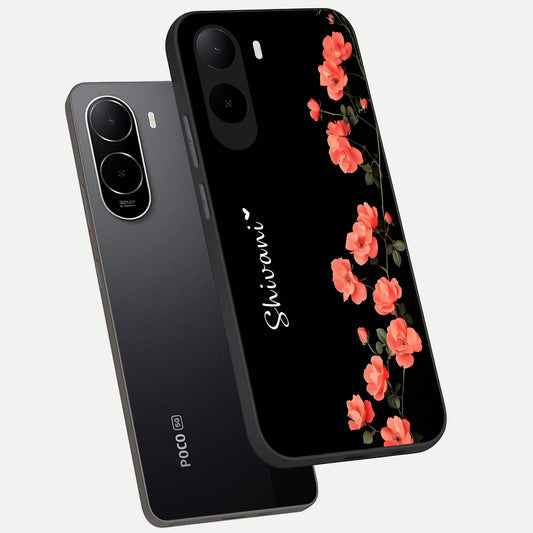  Crimson Bloom Grace Custom Name phone case For Poco C85x showing premium glass back cover with detailed artwork