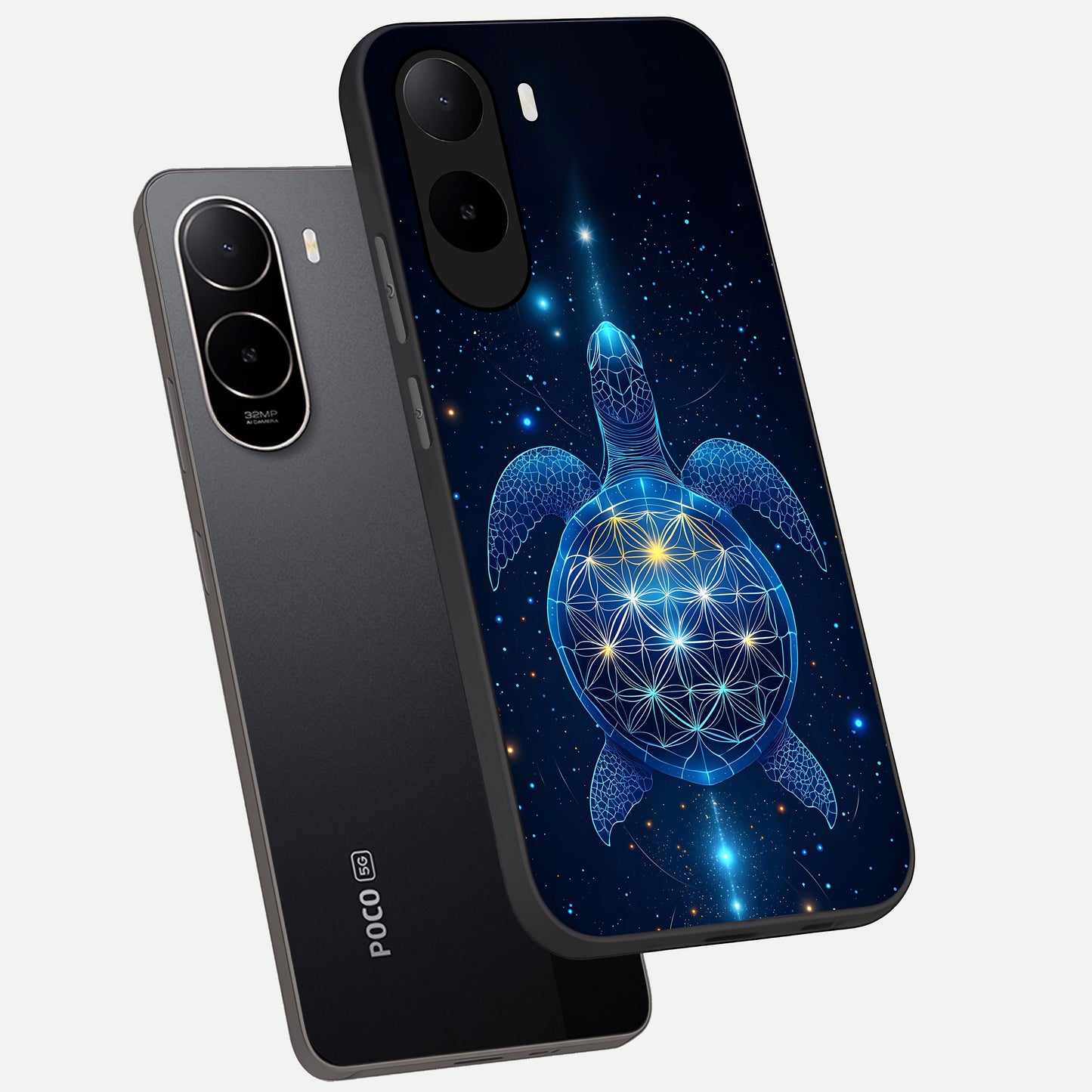  Crimson Blue Turtle phone case For Poco C85x showing premium glass back cover with detailed artwork