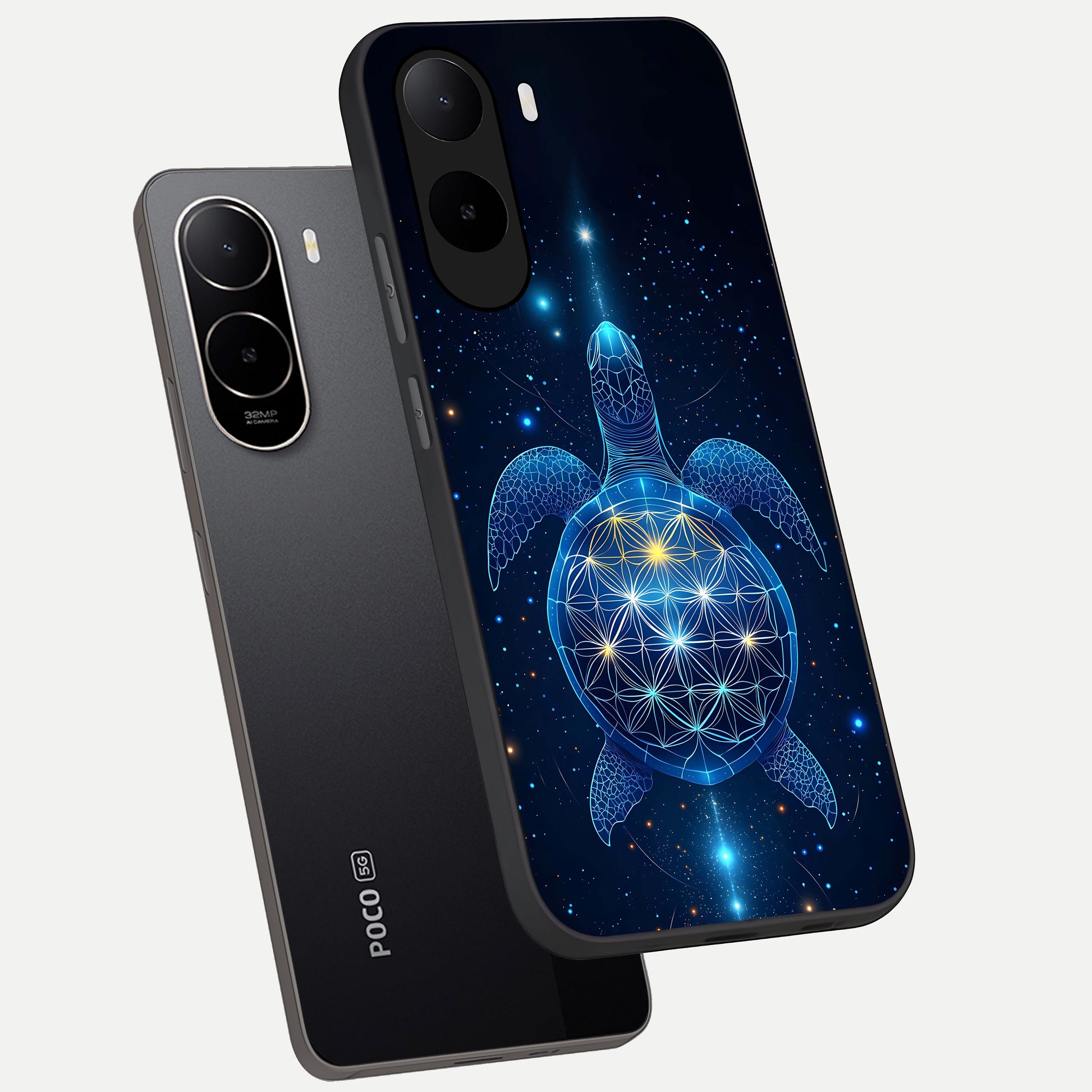  Crimson Blue Turtle phone case For Poco C85x showing premium glass back cover with detailed artwork