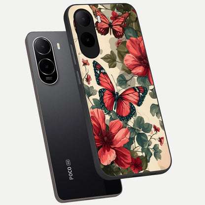  Crimson Butterfly Garden phone case For Poco C85x showing premium glass back cover with detailed artwork
