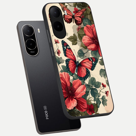  Crimson Butterfly Garden phone case For Poco C85x showing premium glass back cover with detailed artwork