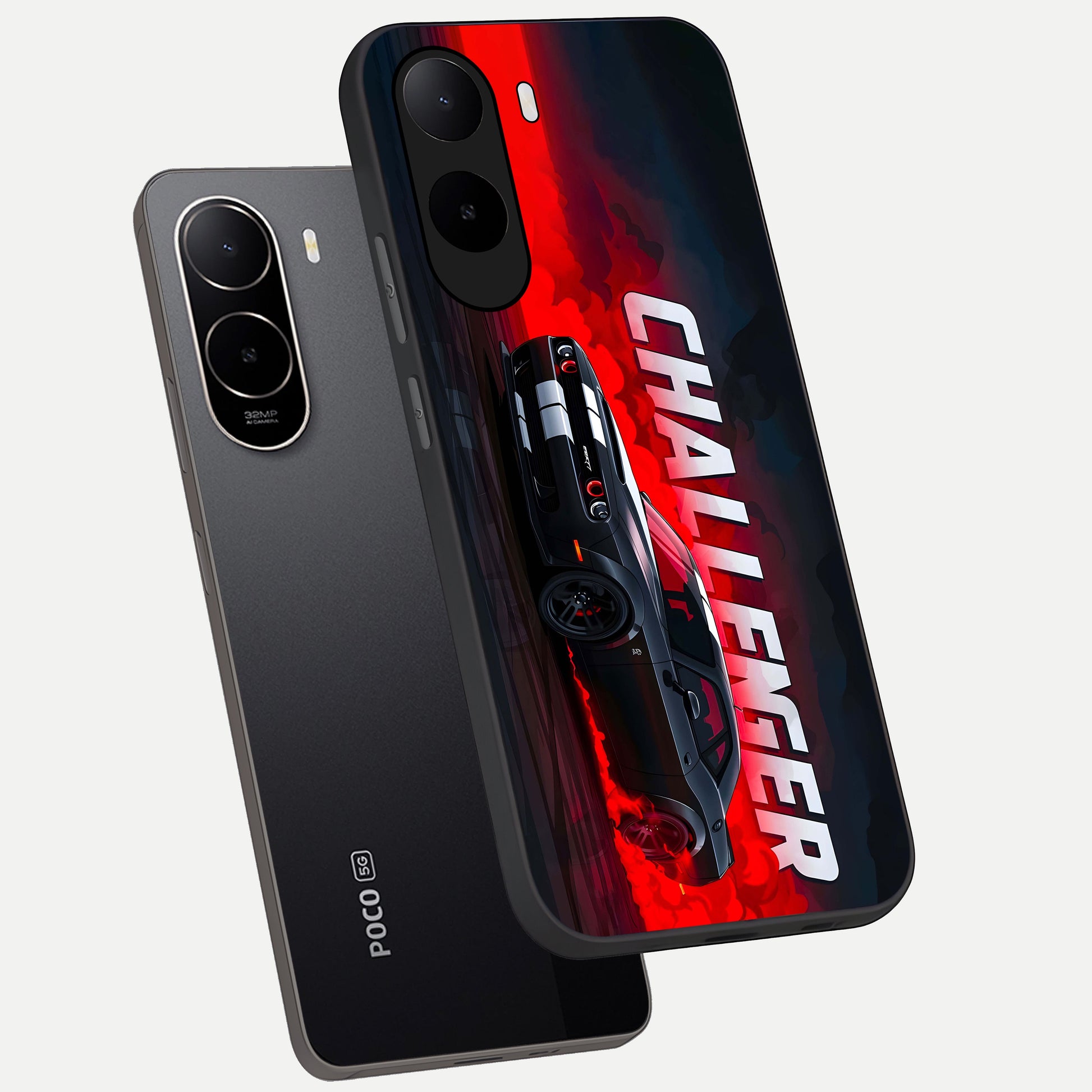  Crimson Challenger Fury phone case For Poco C85x showing premium glass back cover with detailed artwork
