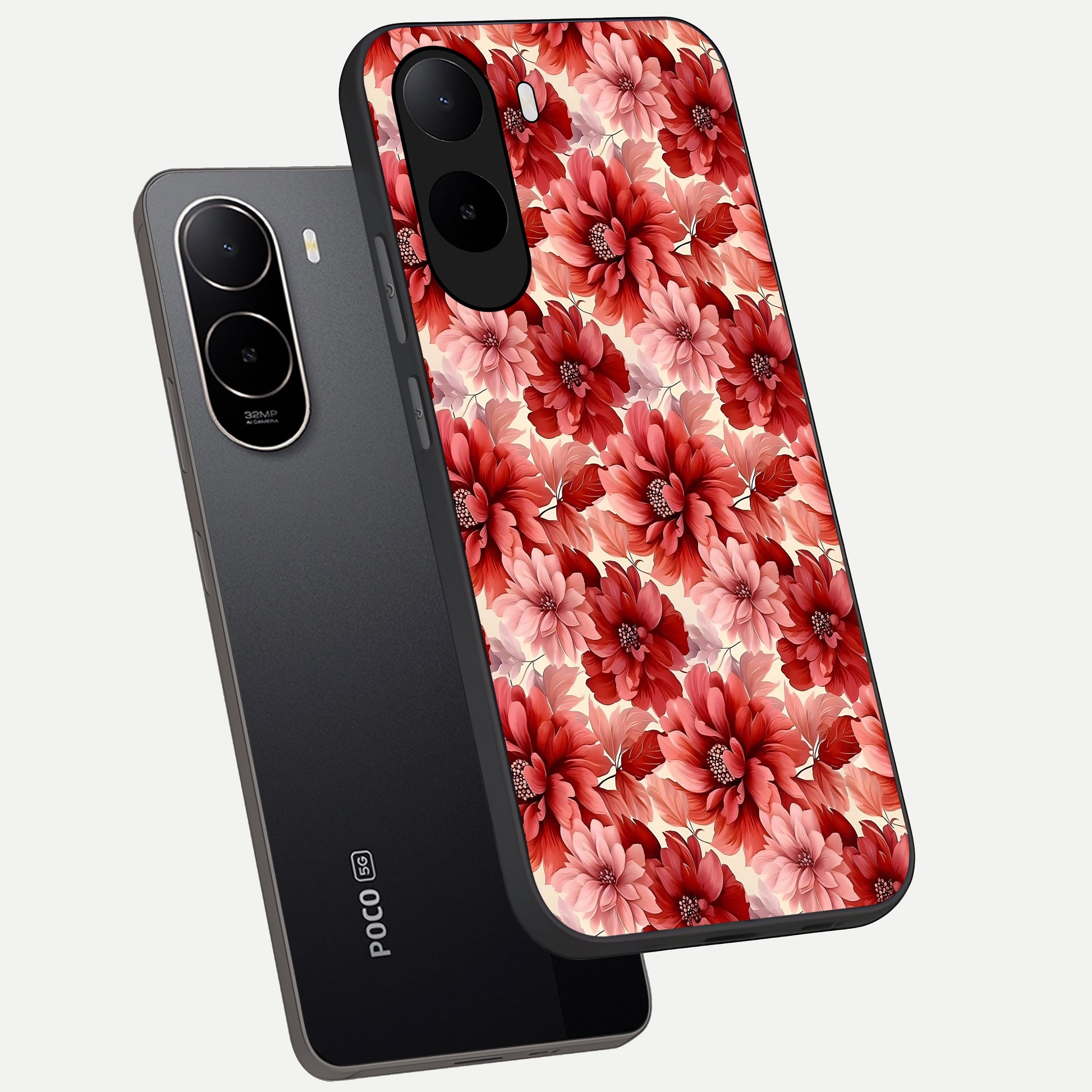  Crimson Love Petals phone case For Poco C85x showing premium glass back cover with detailed artwork