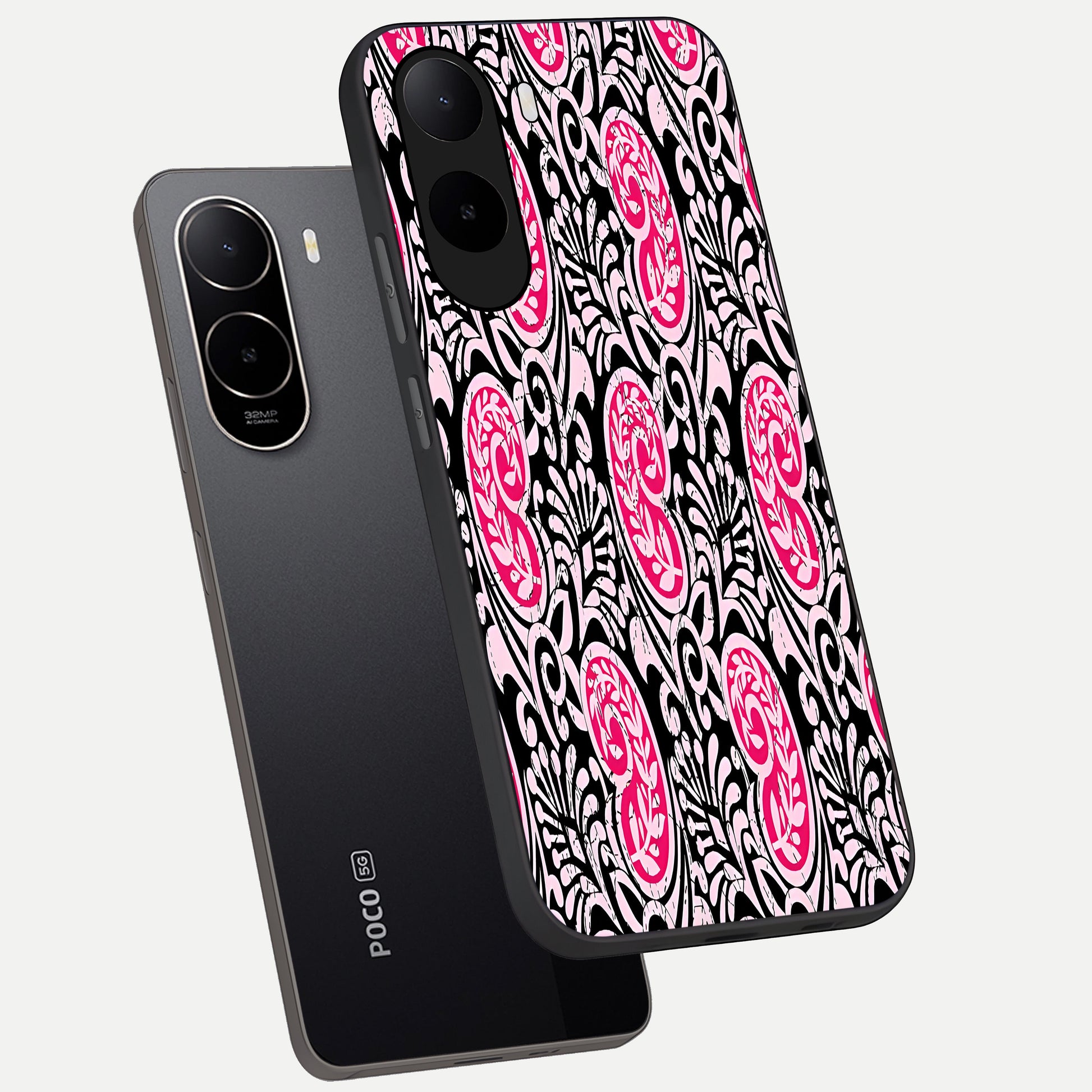  Crimson Paisley Charm phone case For Poco C85x showing premium glass back cover with detailed artwork