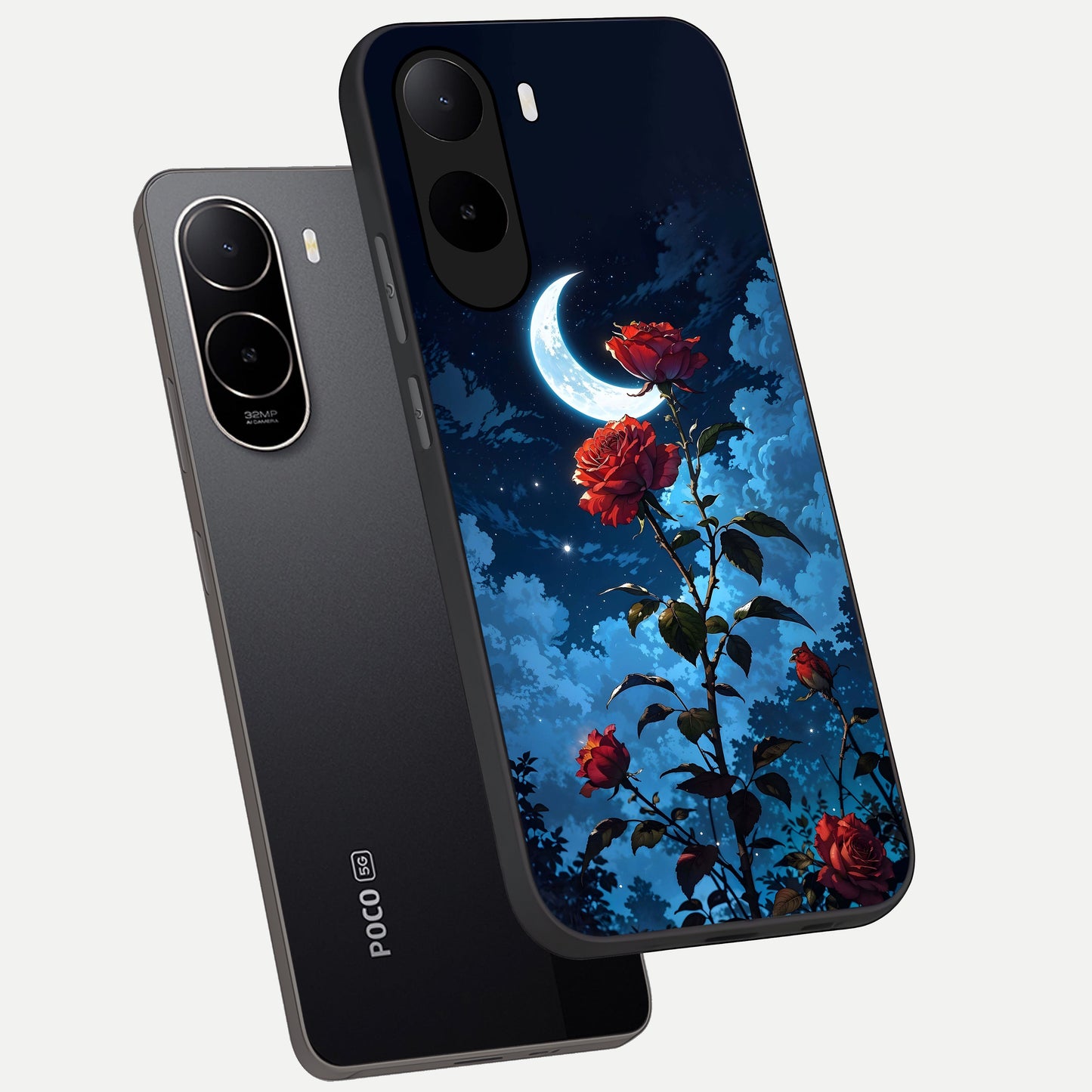  Crimson Rose Moon phone case For Poco C85x showing premium glass back cover with detailed artwork