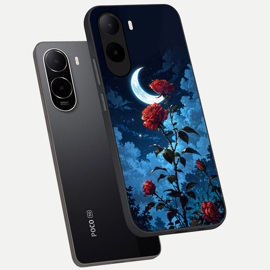  Crimson Rose Moon phone case For Poco C85x showing premium glass back cover with detailed artwork