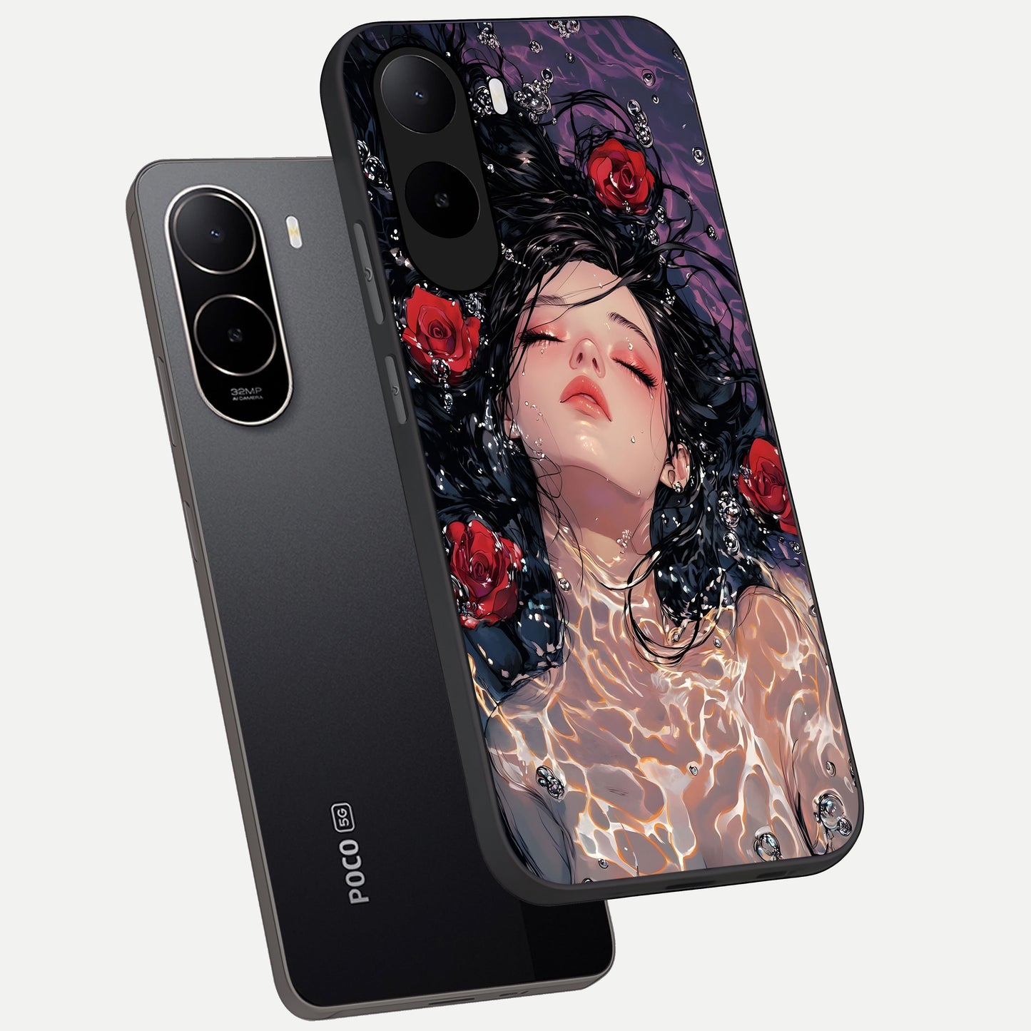  Crimson Rose Serenity phone case For Poco C85x showing premium glass back cover with detailed artwork
