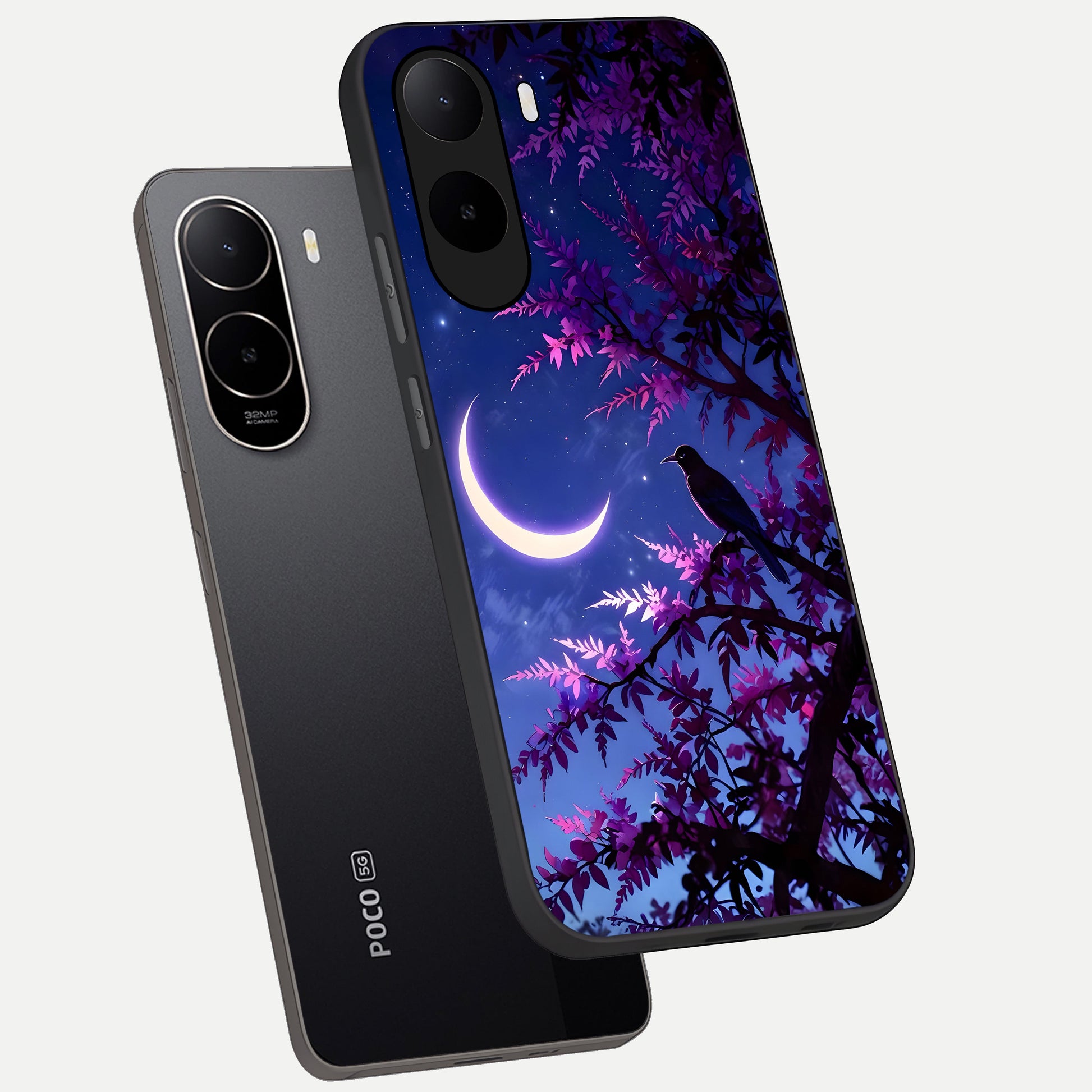  Crow And Moon Scenery phone case For Poco C85x showing premium glass back cover with detailed artwork