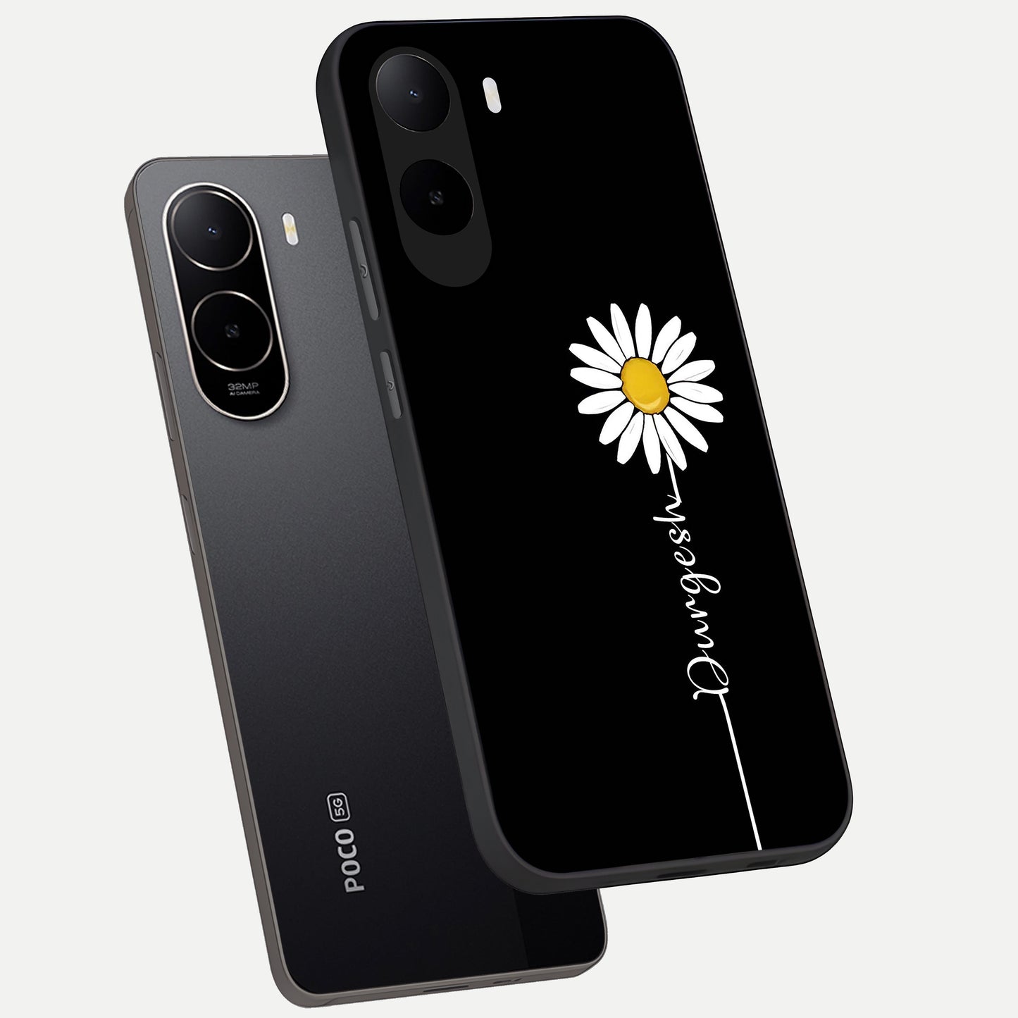  Custom Name White Flower phone case For Poco C85x showing premium glass back cover with detailed artwork