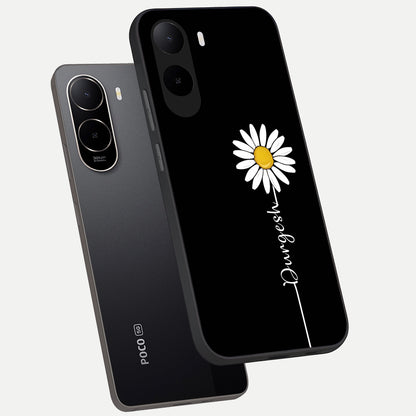  Custom Name White Flower phone case For Poco C85x showing premium glass back cover with detailed artwork