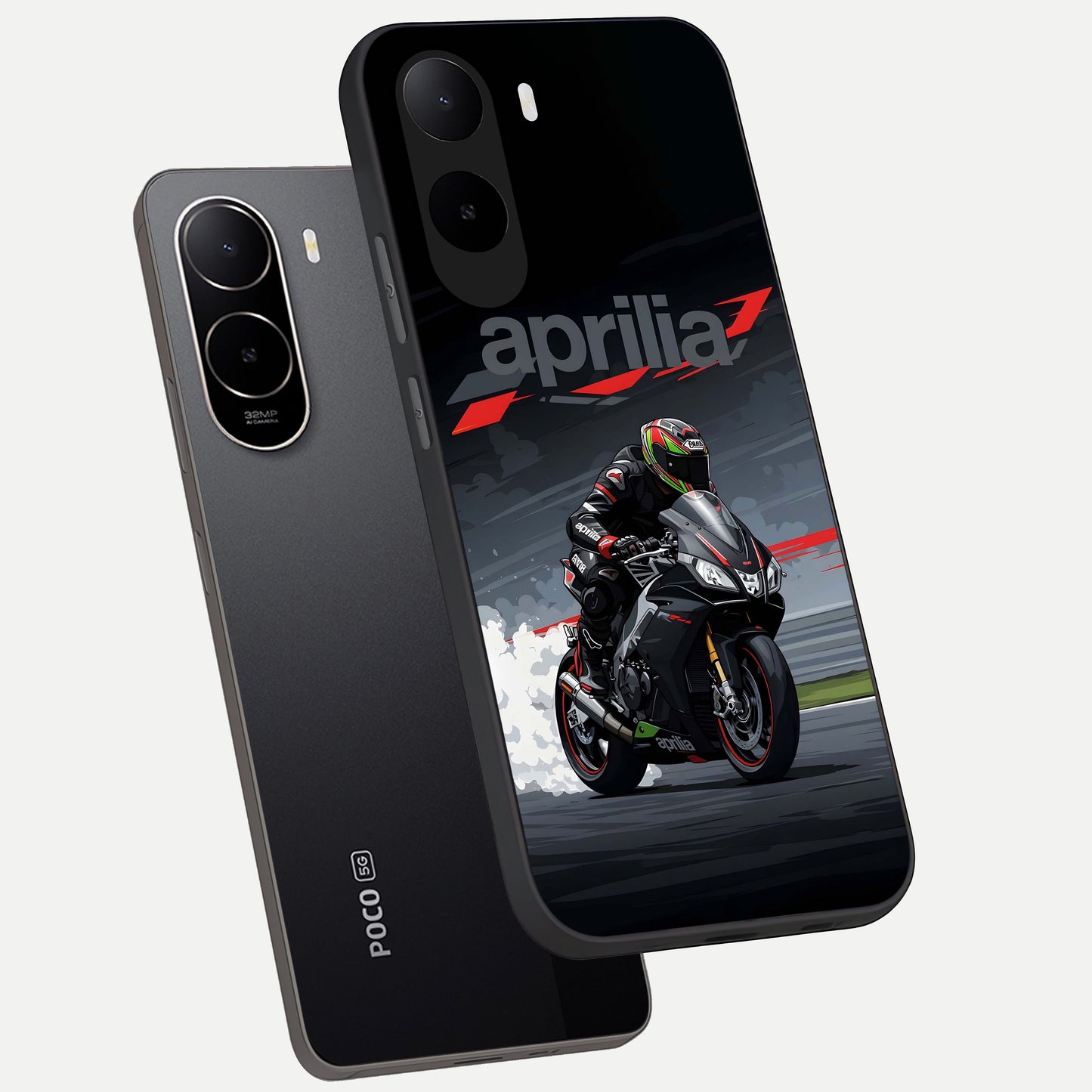 Dark Aprilla phone case For Poco C85x showing premium glass back cover with detailed artwork