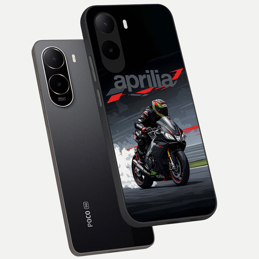  Dark Aprilla phone case For Poco C85x showing premium glass back cover with detailed artwork
