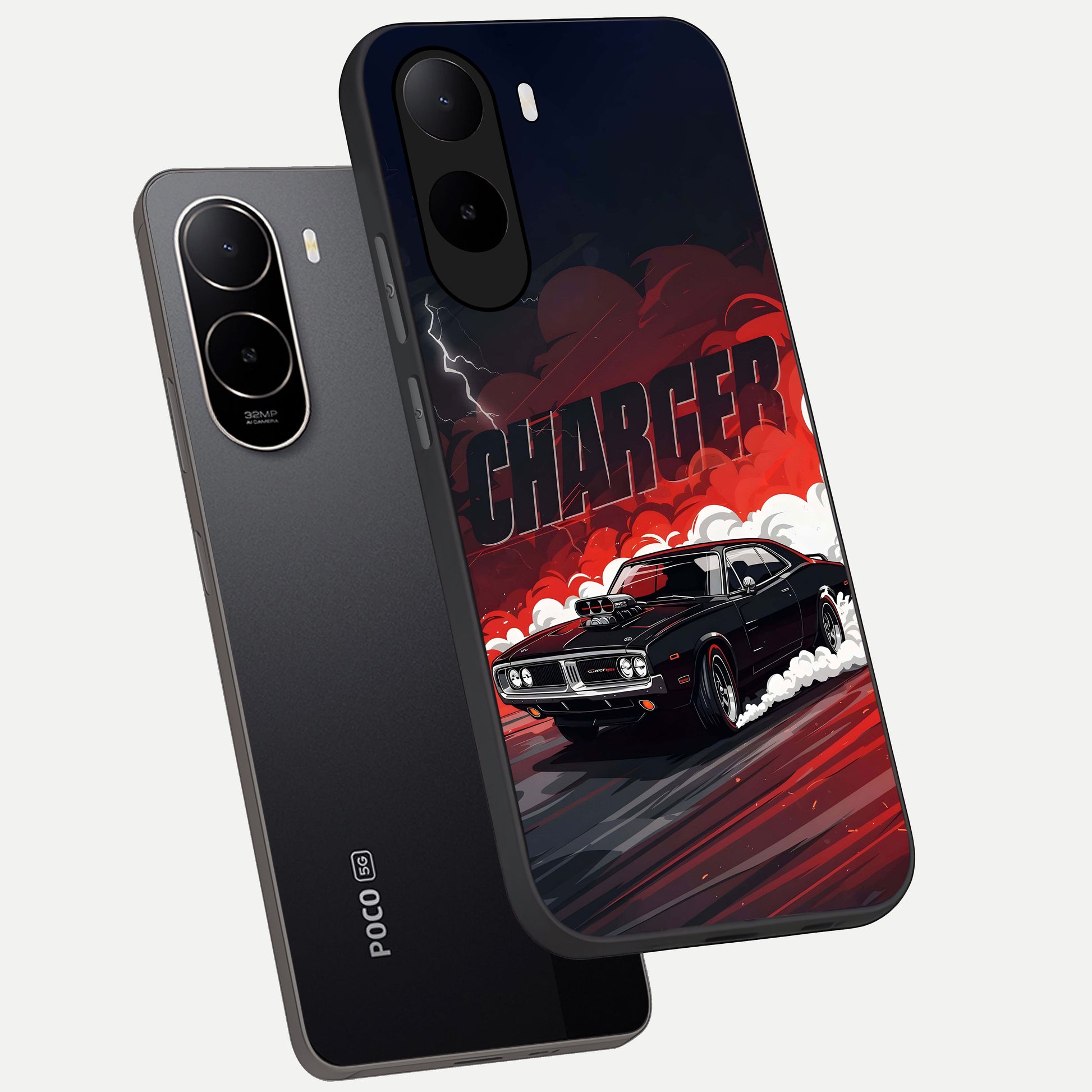  Dark Charger Fury phone case For Poco C85x showing premium glass back cover with detailed artwork