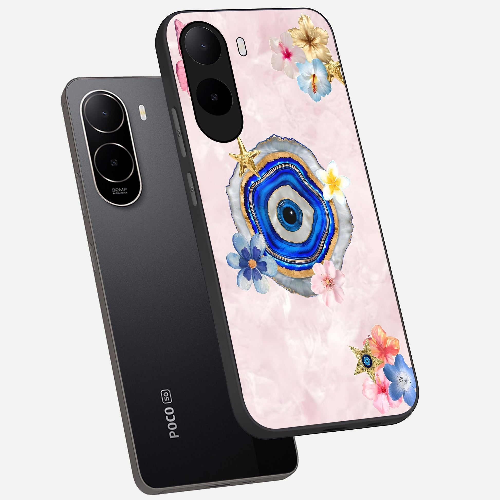  Divine Aura Bloom phone case For Poco C85x showing premium glass back cover with detailed artwork
