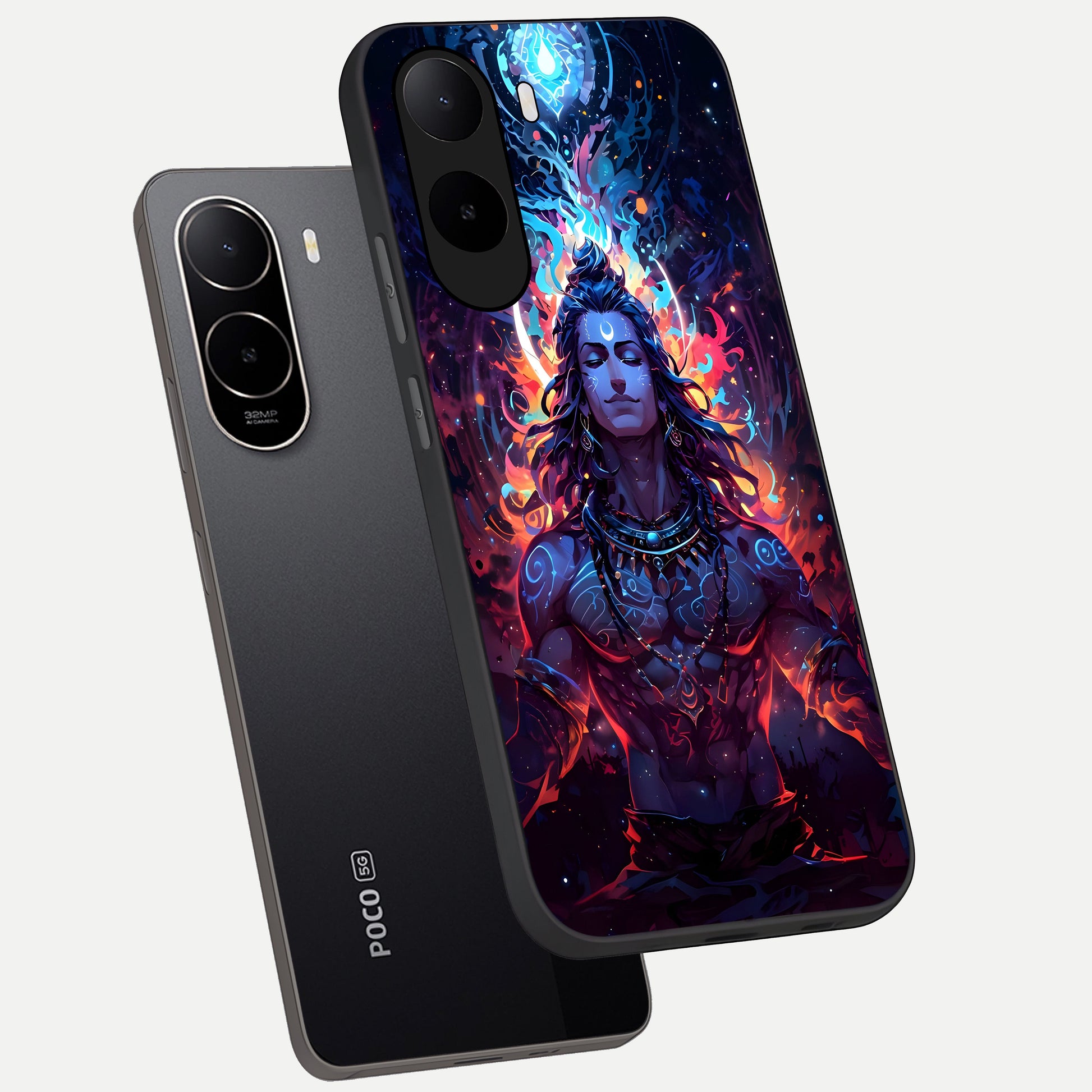  Divine Fire Shiv phone case For Poco C85x showing premium glass back cover with detailed artwork